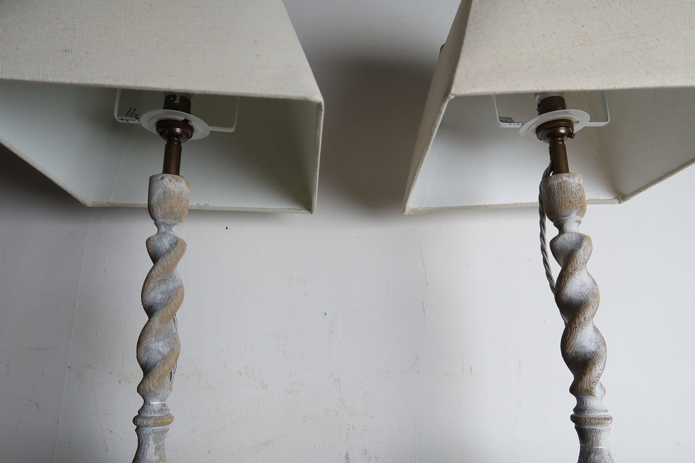 20th Century Pair of Antique Limed Oak Barley Twist Table Lamps
