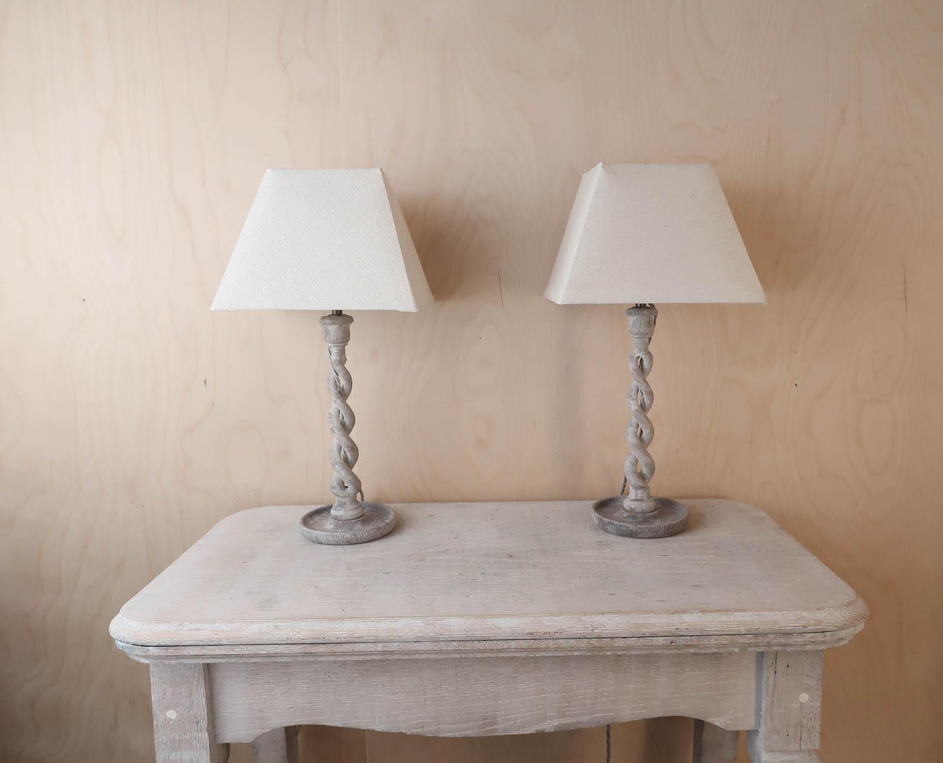 Pair of Antique Limed Oak Barley Twist Table Lamps In Good Condition In St Annes, Lancashire
