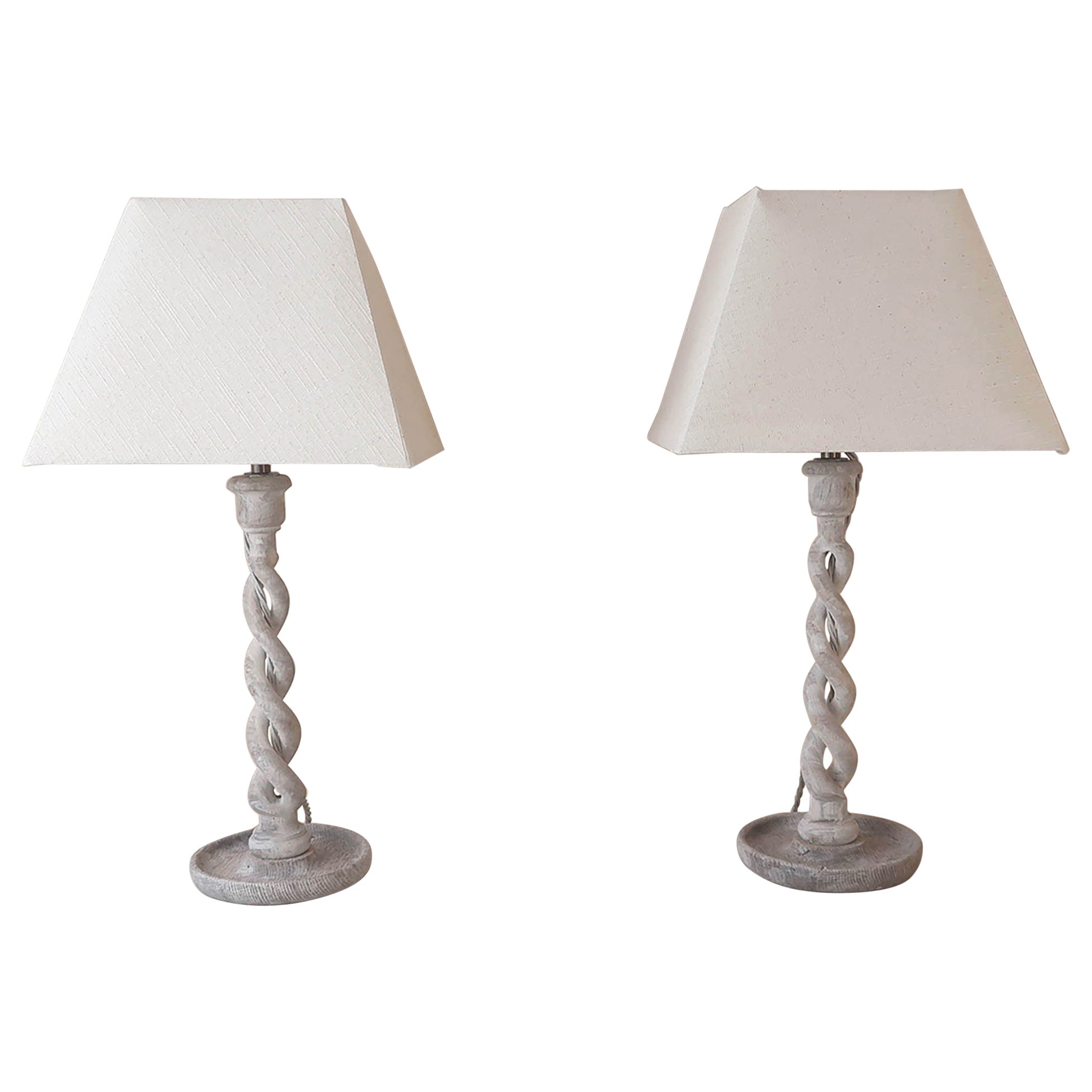 Pair of Antique Limed Oak Barley Twist Table Lamps
