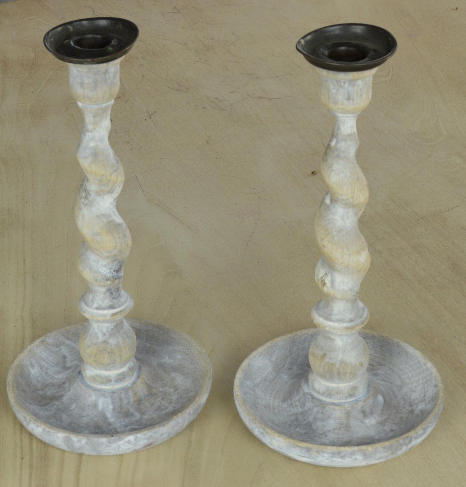 A super pair of limed oak twist candlesticks.

They have been recently limed to enhance the beautiful grain in the oak.

The brass sconces are original.

They can be easily converted to make table lamps.
    