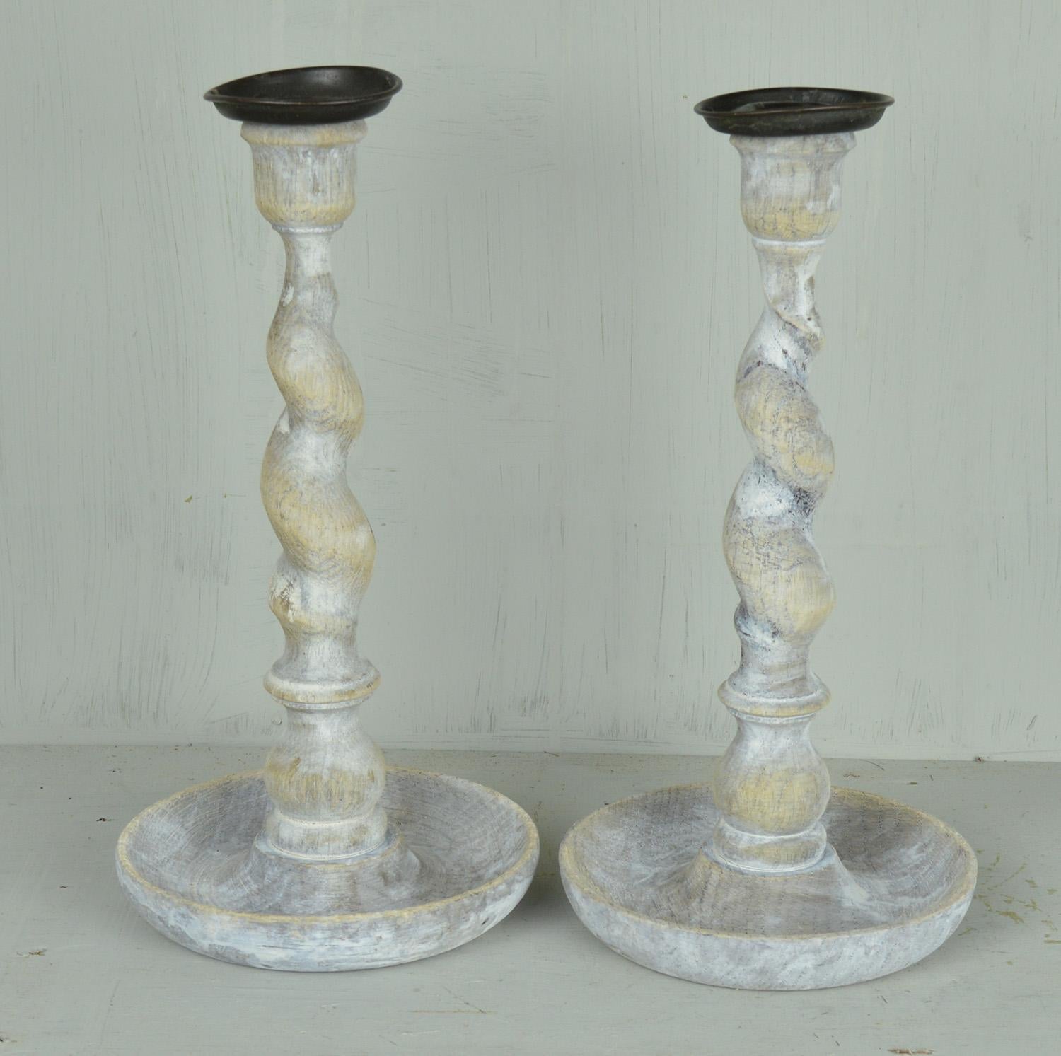 Renaissance Revival Pair of Antique Limed Oak Twisted Column Candlesticks, English, circa 1920