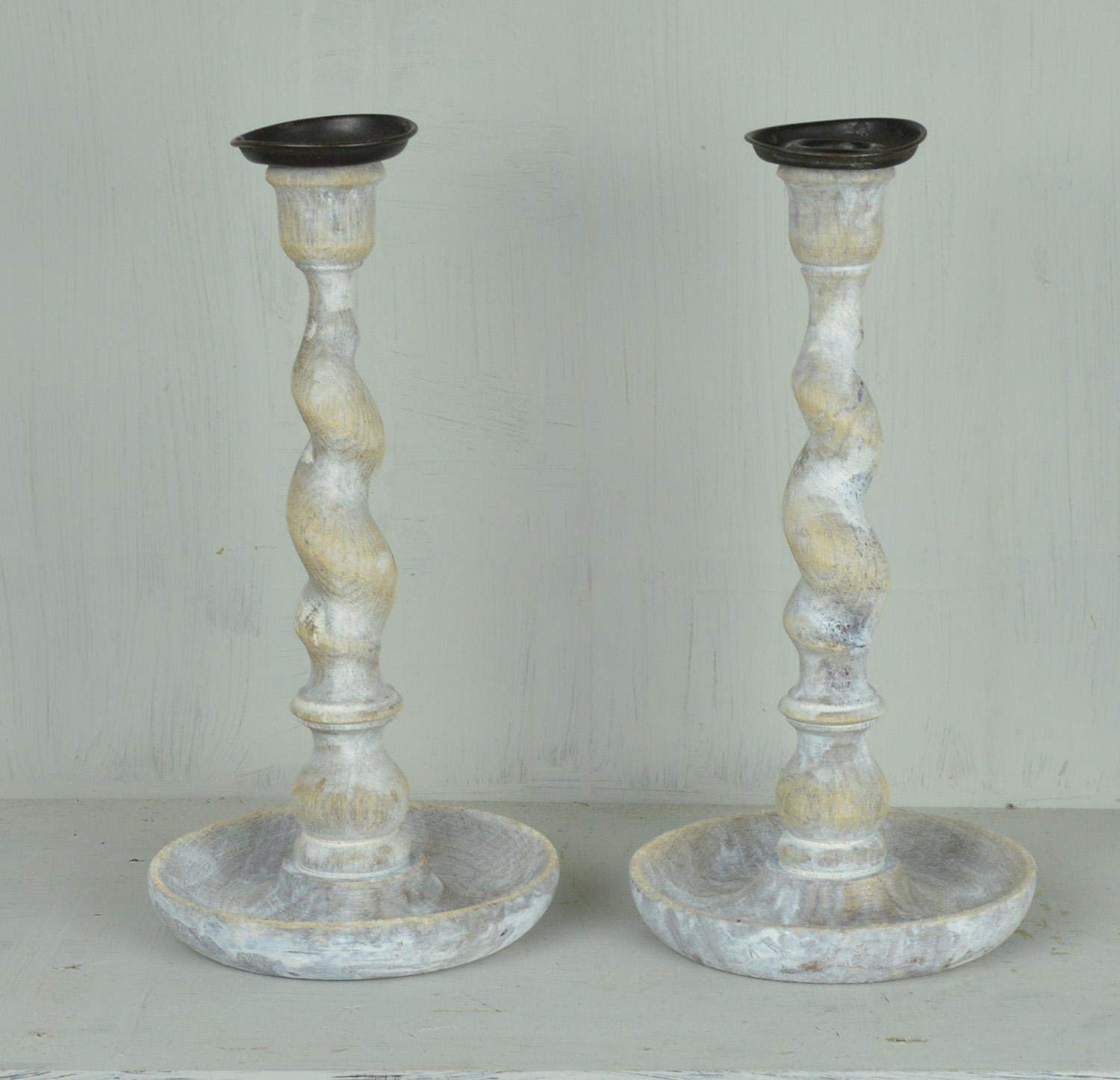Pair of Antique Limed Oak Twisted Column Candlesticks, English, circa 1920 In Good Condition In St Annes, Lancashire