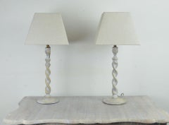 Pair of Antique Limed Oak Twisted Column Table Lamps