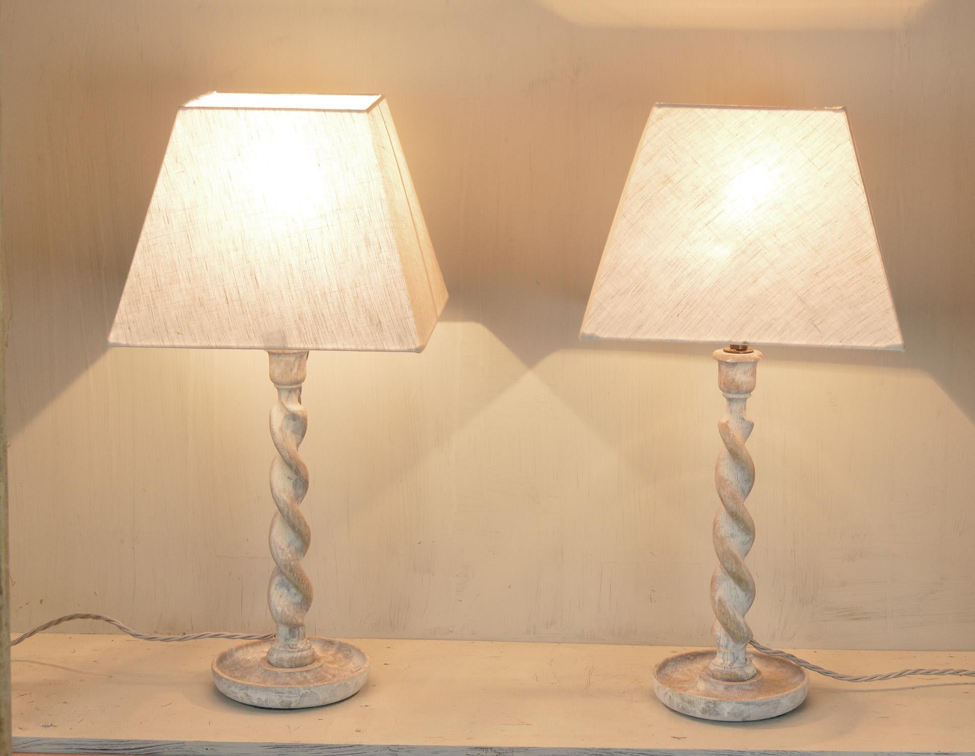 English Pair of Antique Limed Oak Twisted Column Table Lamps