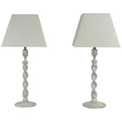 Pair of Antique Limed Oak Twisted Column Table Lamps