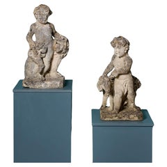 Pair of Antique Limestone Putti Statues with Sheep & Lion