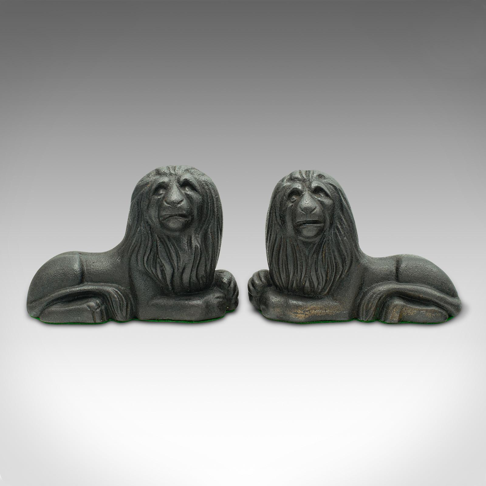 This is a pair of antique lion bookends. An English, cast iron decorative book rest, dating to the Victorian period, circa 1880.

Bountiful character and of impressive weight in the hand
Displaying a desirable aged patina and in good