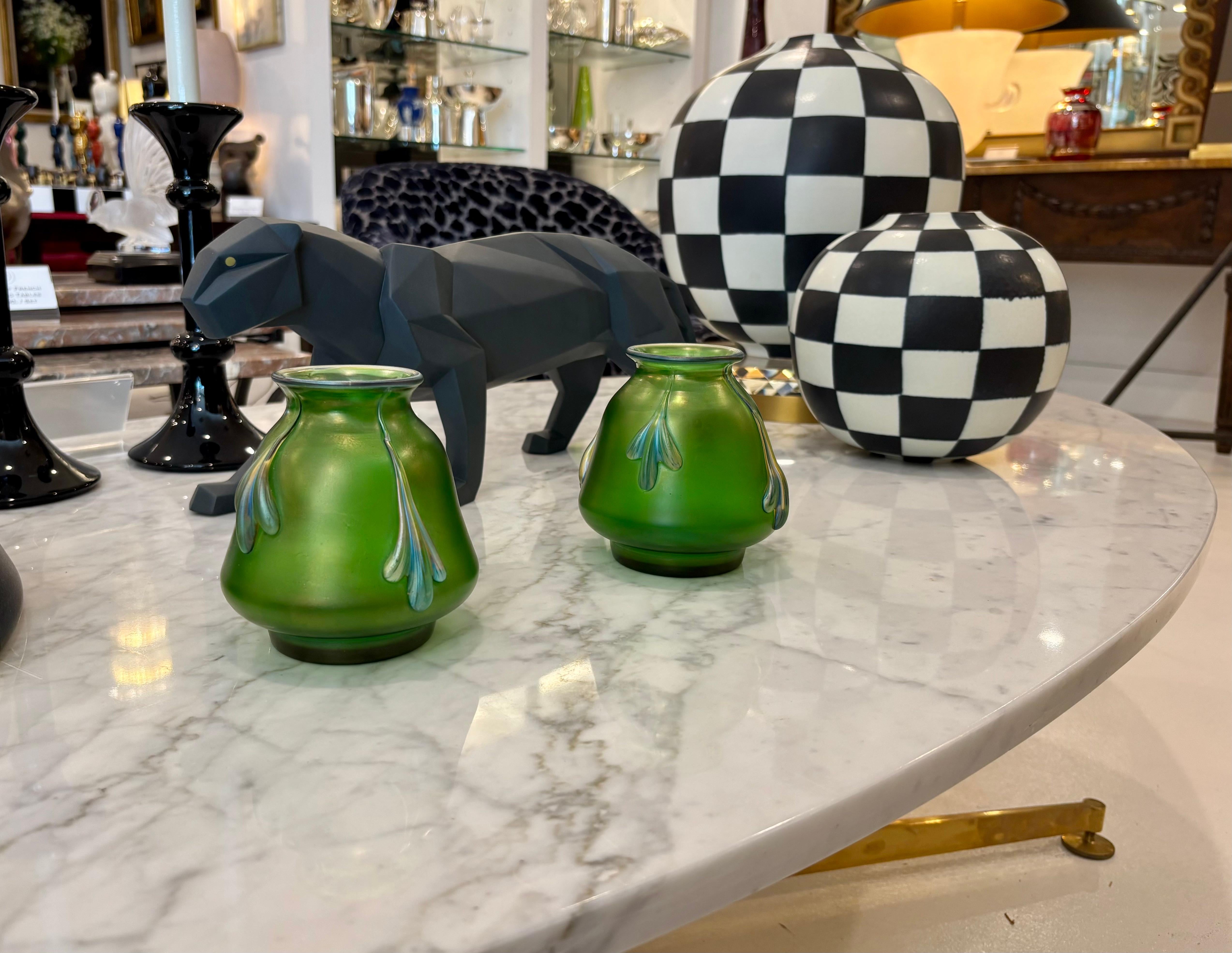 Pair of Antique Loetz Iridescent Green Art Nouveau Glass Vases, Bohemian, 1900 For Sale 5