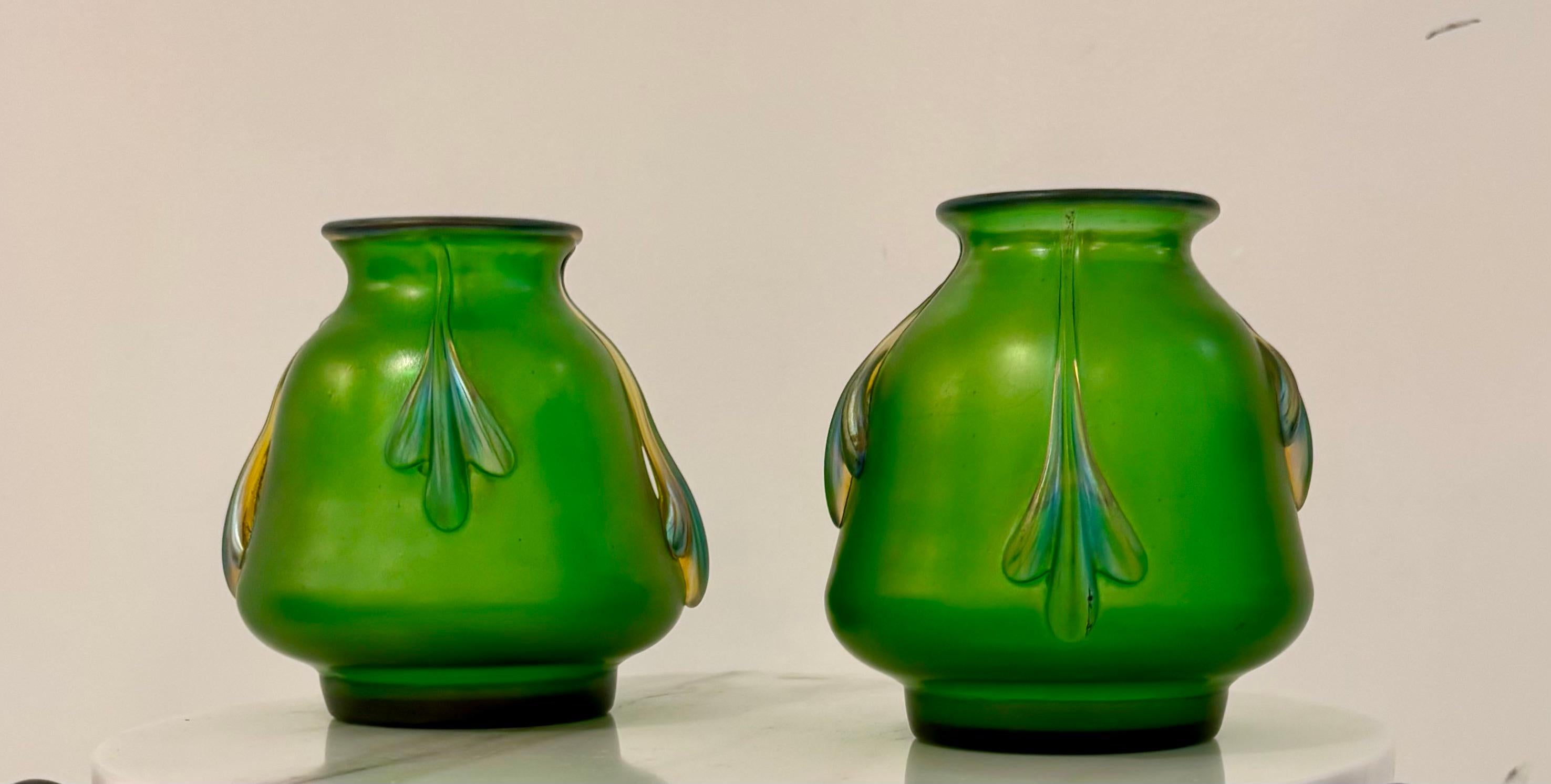 Czech Pair of Antique Loetz Iridescent Green Art Nouveau Glass Vases, Bohemian, 1900 For Sale