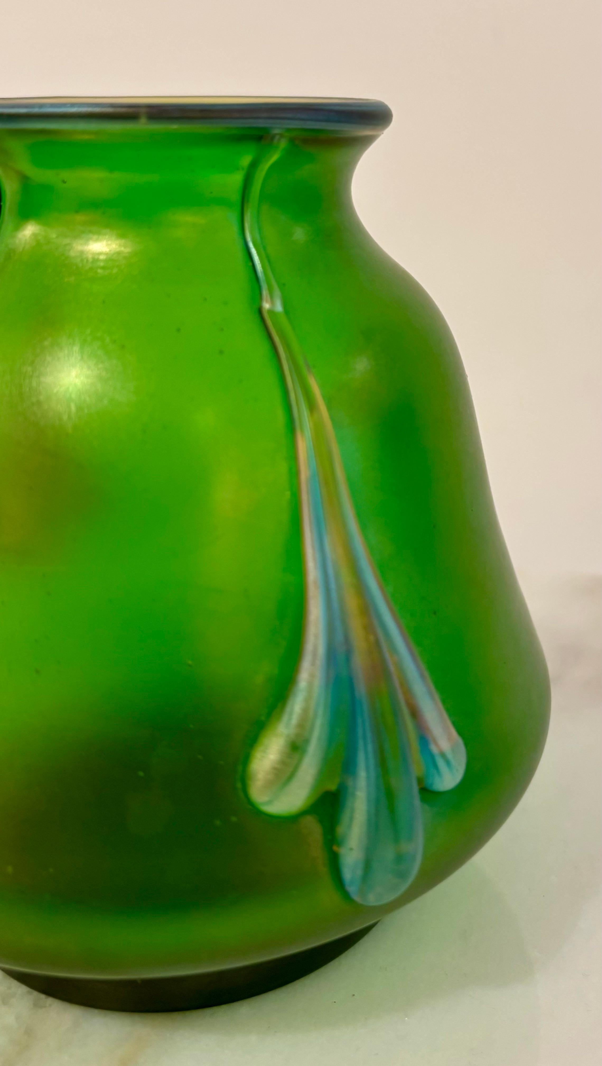 Blown Glass Pair of Antique Loetz Iridescent Green Art Nouveau Glass Vases, Bohemian, 1900 For Sale