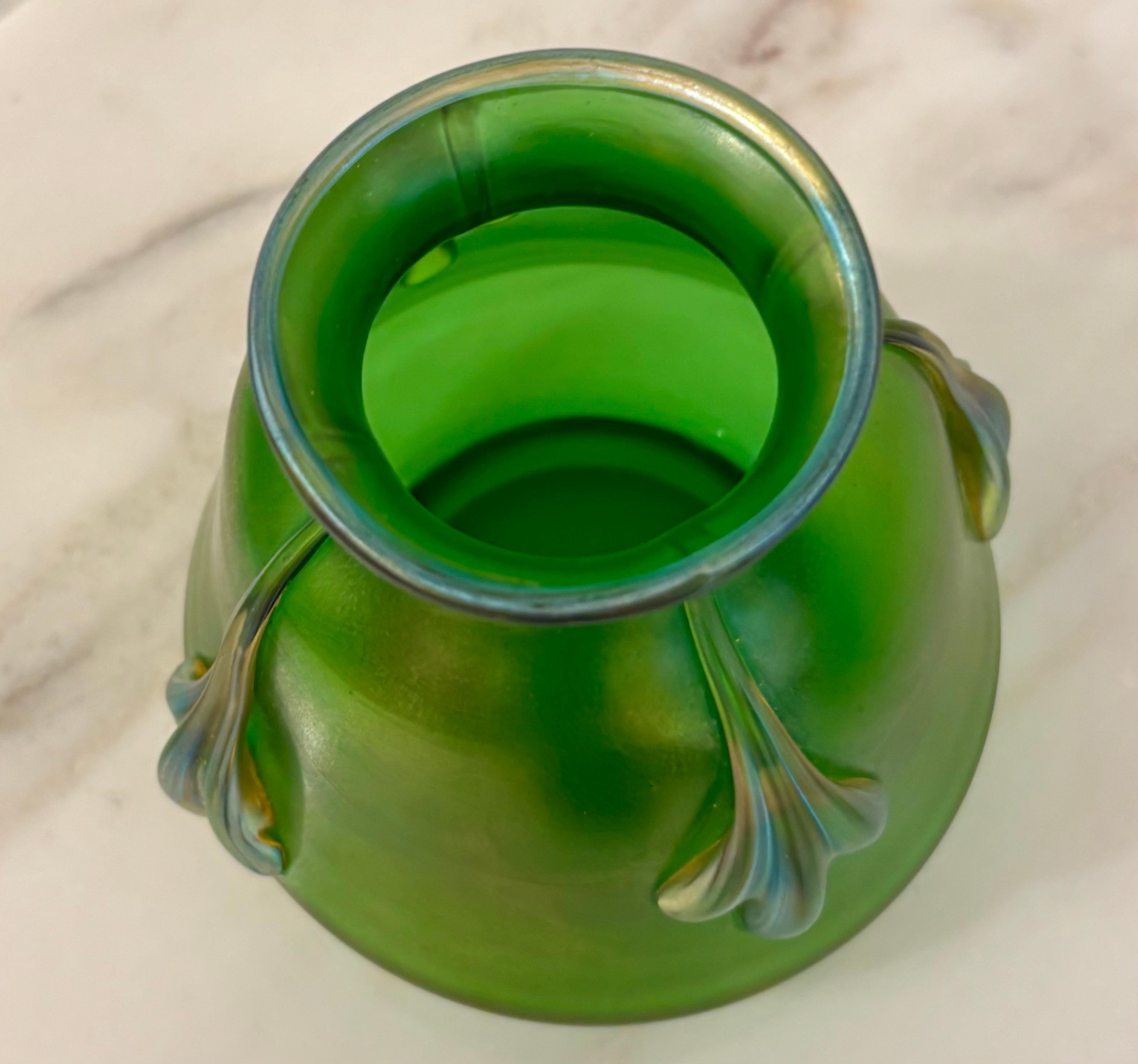 Pair of Antique Loetz Iridescent Green Art Nouveau Glass Vases, Bohemian, 1900 For Sale 3