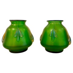 Pair of Antique Loetz Iridescent Green Art Nouveau Glass Vases, Bohemian, 1900