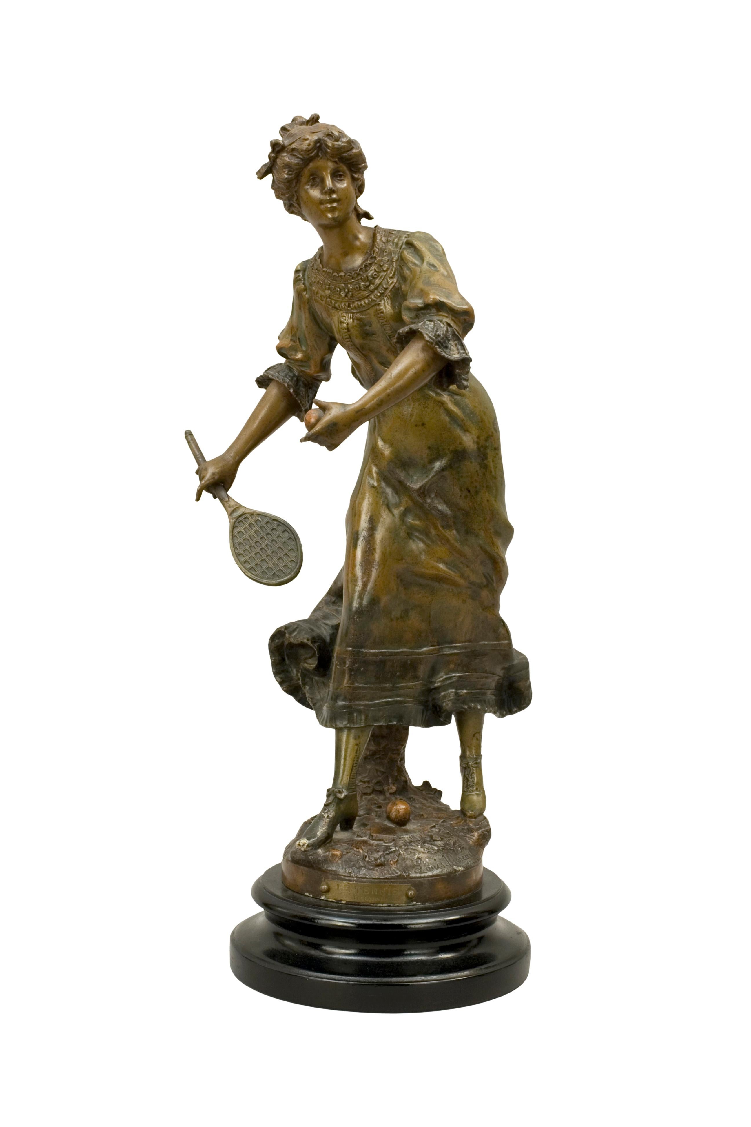 Le Tennis Par Louis Moreau, Spelter Tennis Statuettes.
A pair of large tennis player sculptures, one male and one female, made in spelter after Louis Moreau (1855-1919). Both players are holding lawn tennis rackets, the lady also holding a tennis