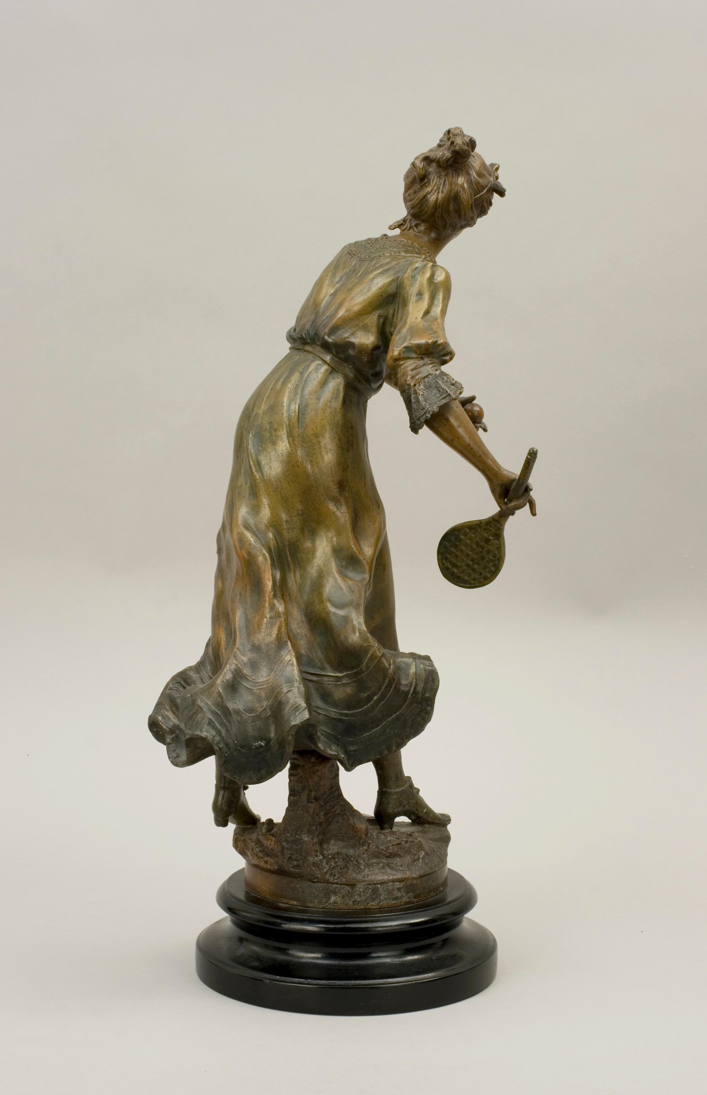 Sporting Art Pair of Antique Louis Moreau Spelter Tennis Figures, Bronze Sculptures