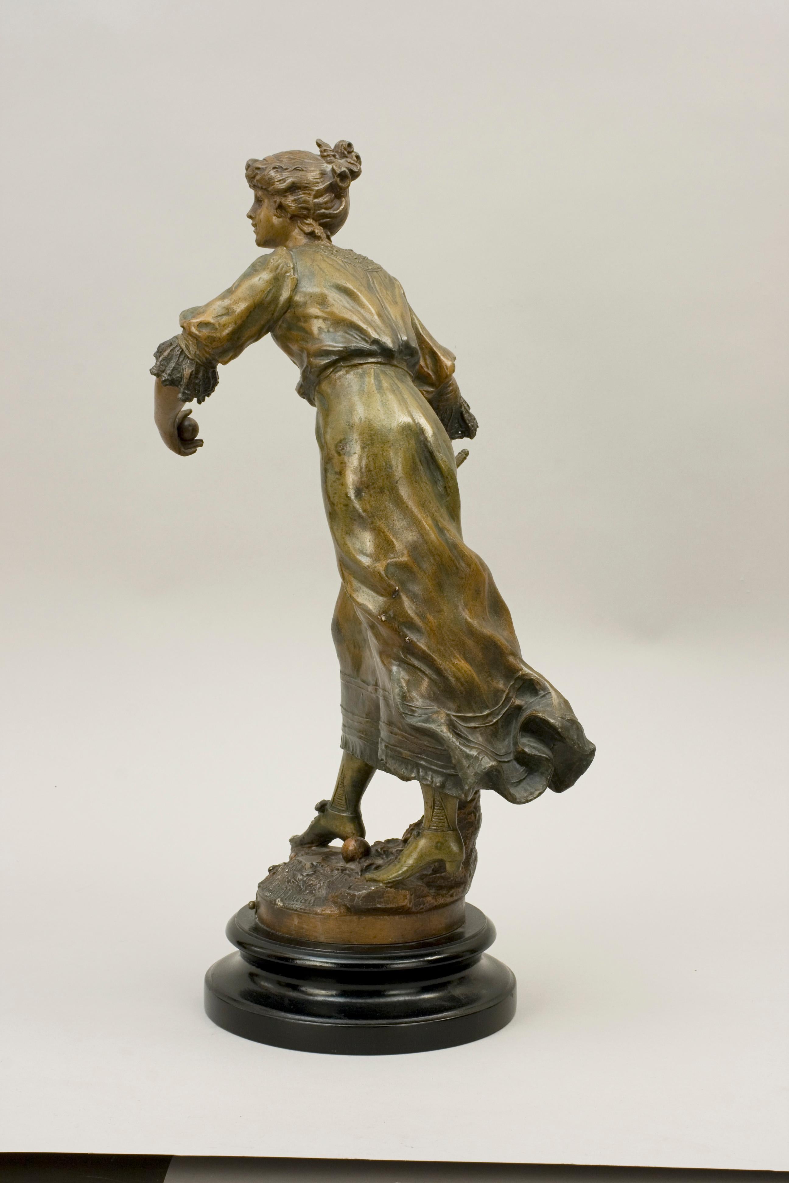 French Pair of Antique Louis Moreau Spelter Tennis Figures, Bronze Sculptures