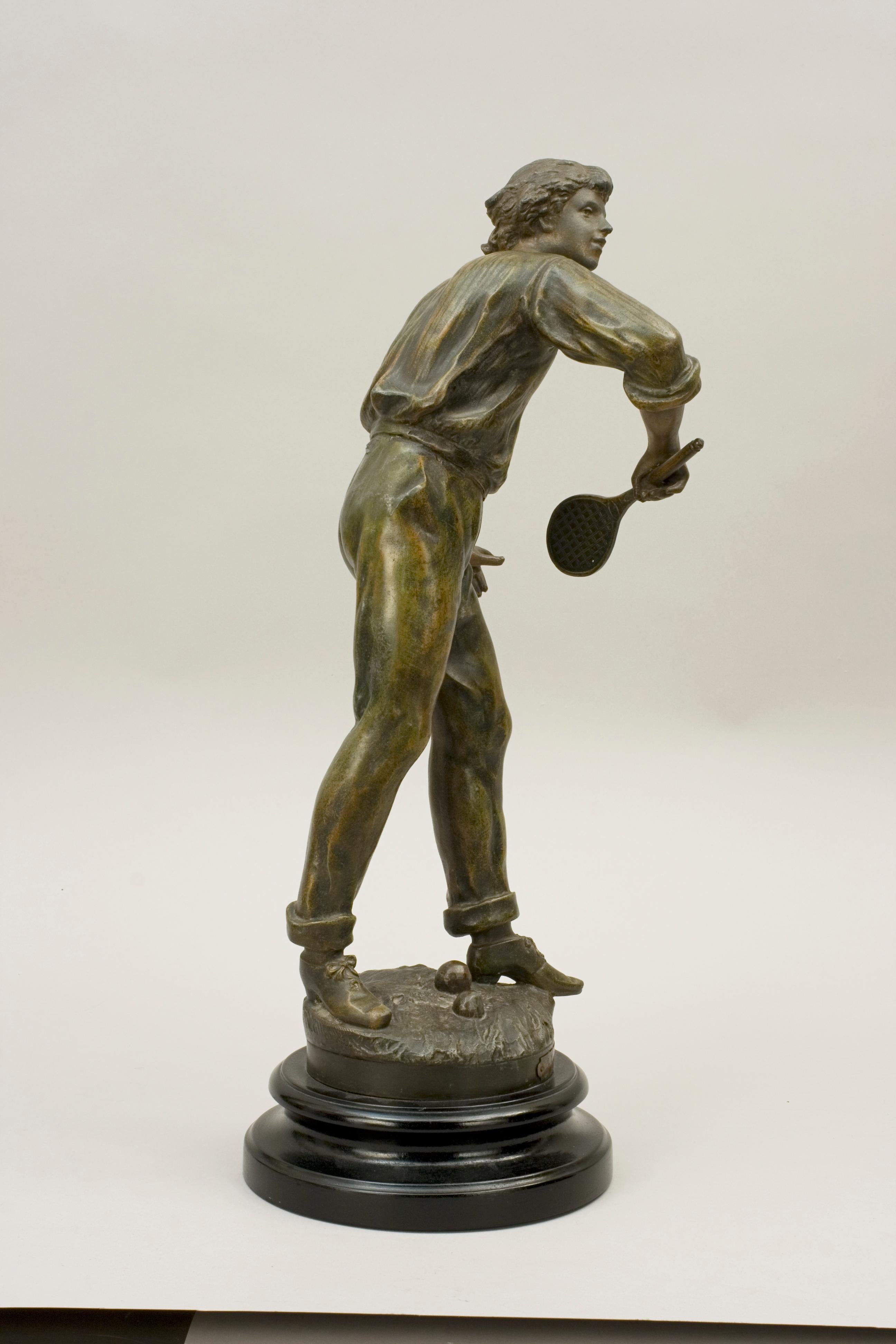 Pair of Antique Louis Moreau Spelter Tennis Figures, Bronze Sculptures In Good Condition In Oxfordshire, GB
