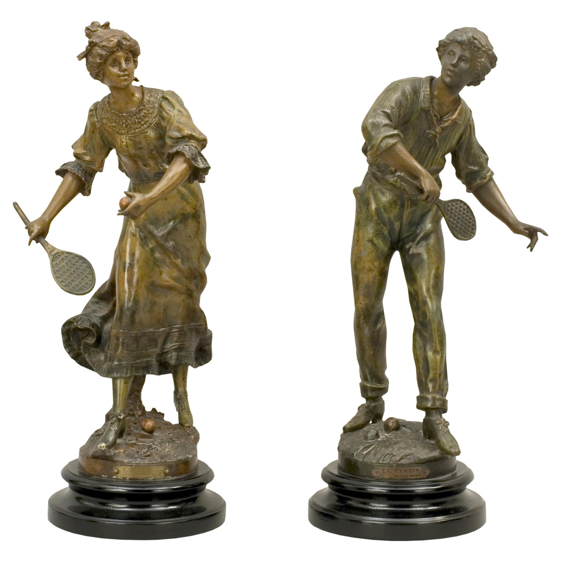 Pair of Antique Louis Moreau Spelter Tennis Figures, Bronze Sculptures