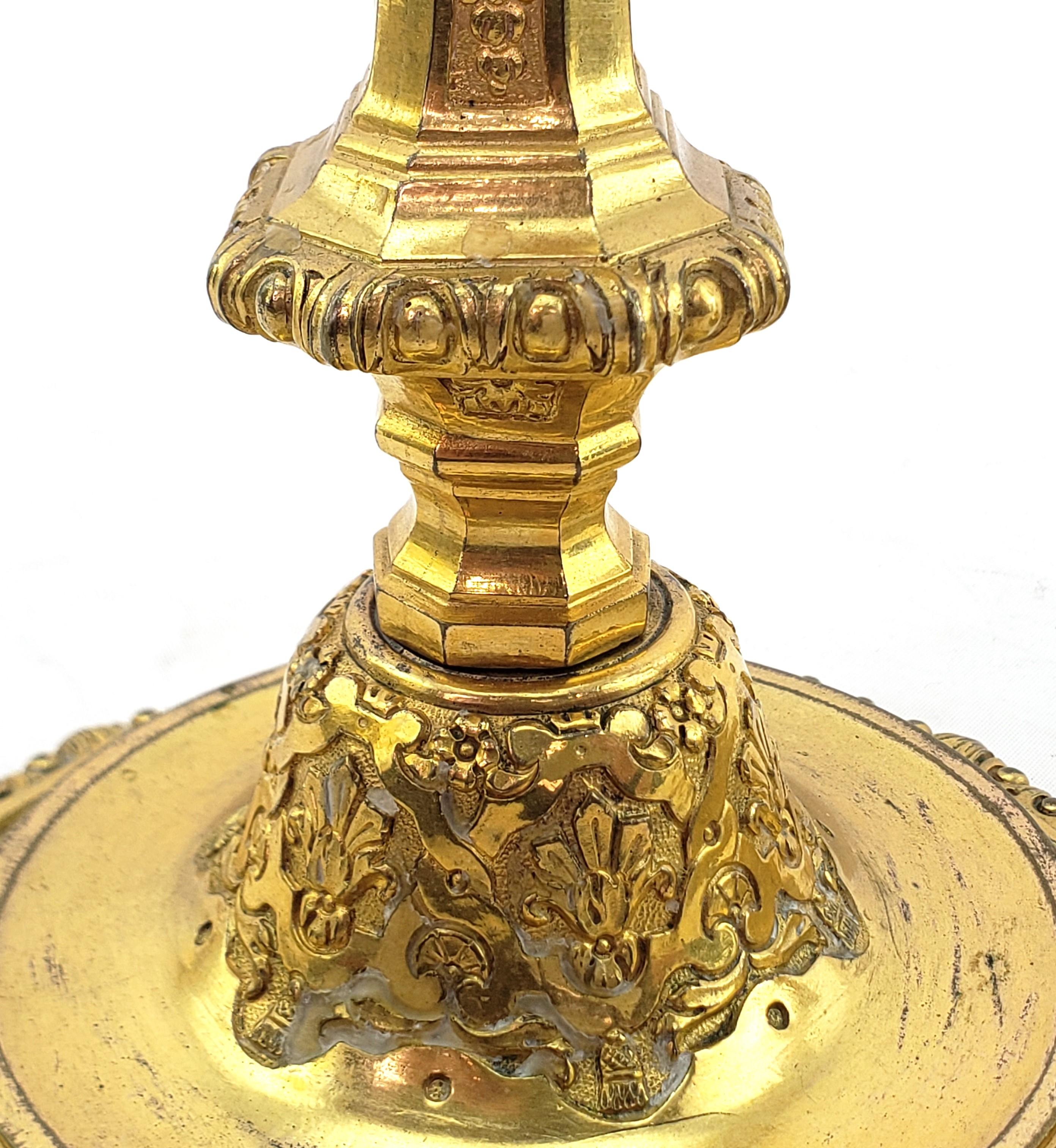 Pair of Antique Louis XIV Styled Gilt Bronze Candlesticks with Stylized Flowers For Sale 6