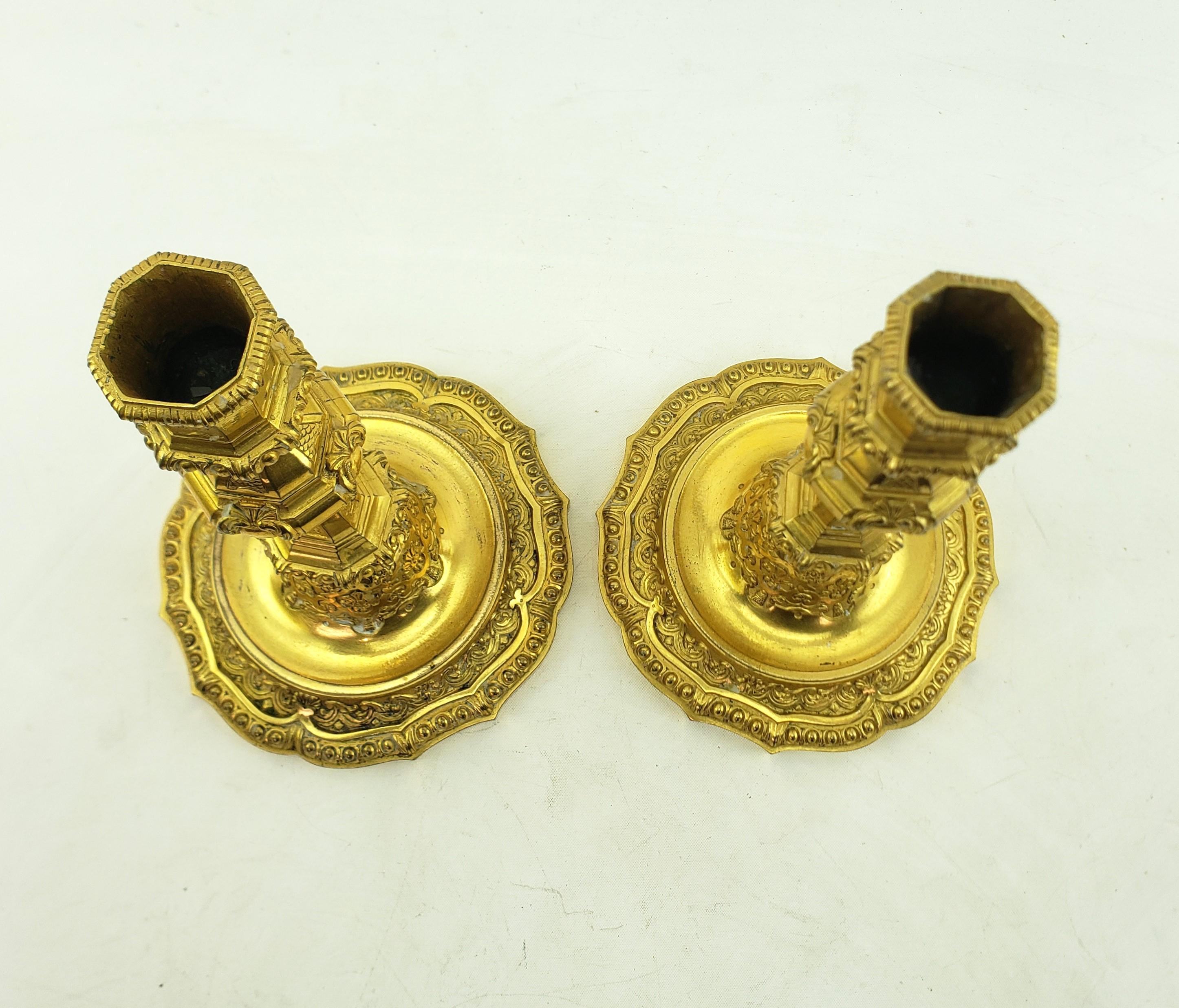 Pair of Antique Louis XIV Styled Gilt Bronze Candlesticks with Stylized Flowers For Sale 1