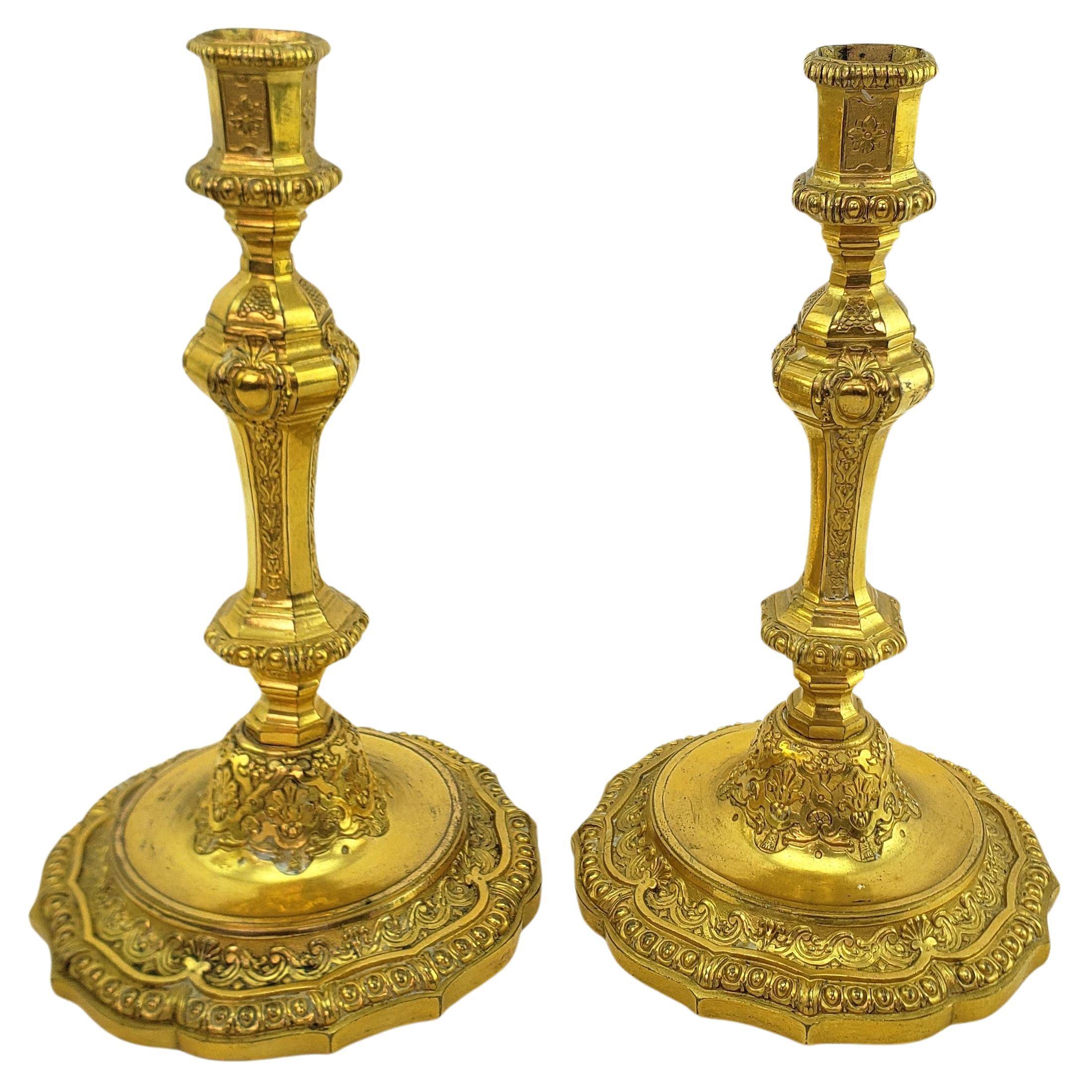 Pair of Antique Louis XIV Styled Gilt Bronze Candlesticks with Stylized Flowers For Sale