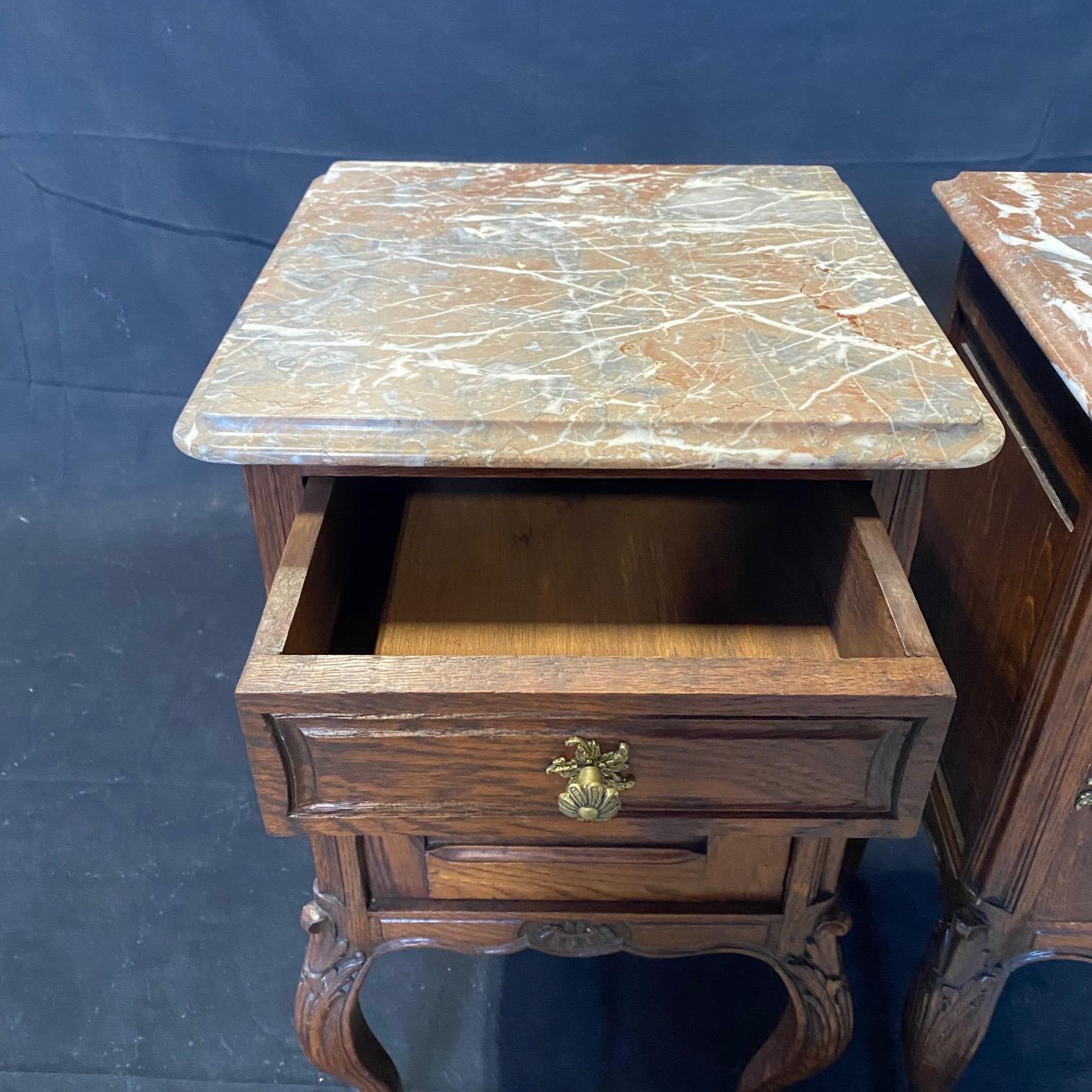 Brass Pair of Antique Louis XV Regency French Marble Top Night Stands