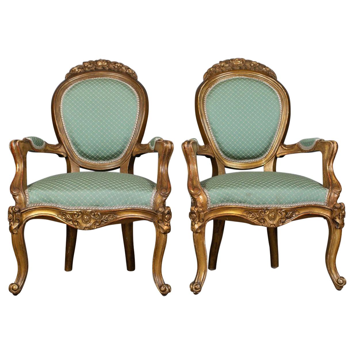 Pair of Antique, Louis XV Revival, Open Armchairs, French, Giltwood, circa 1900