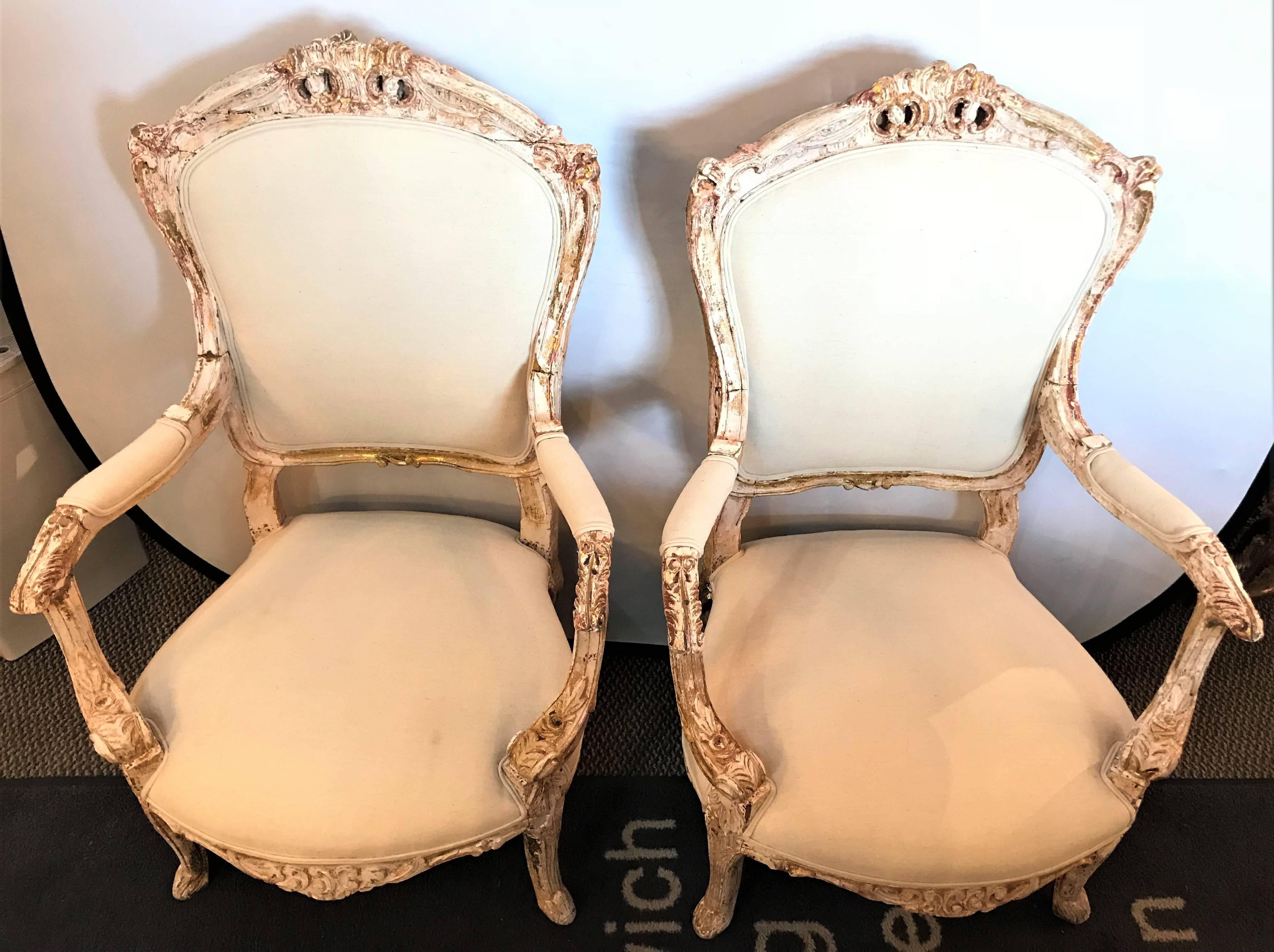 Pair of Antique Louis XV Style Armchairs in Painted Distressed Frames For Sale 5