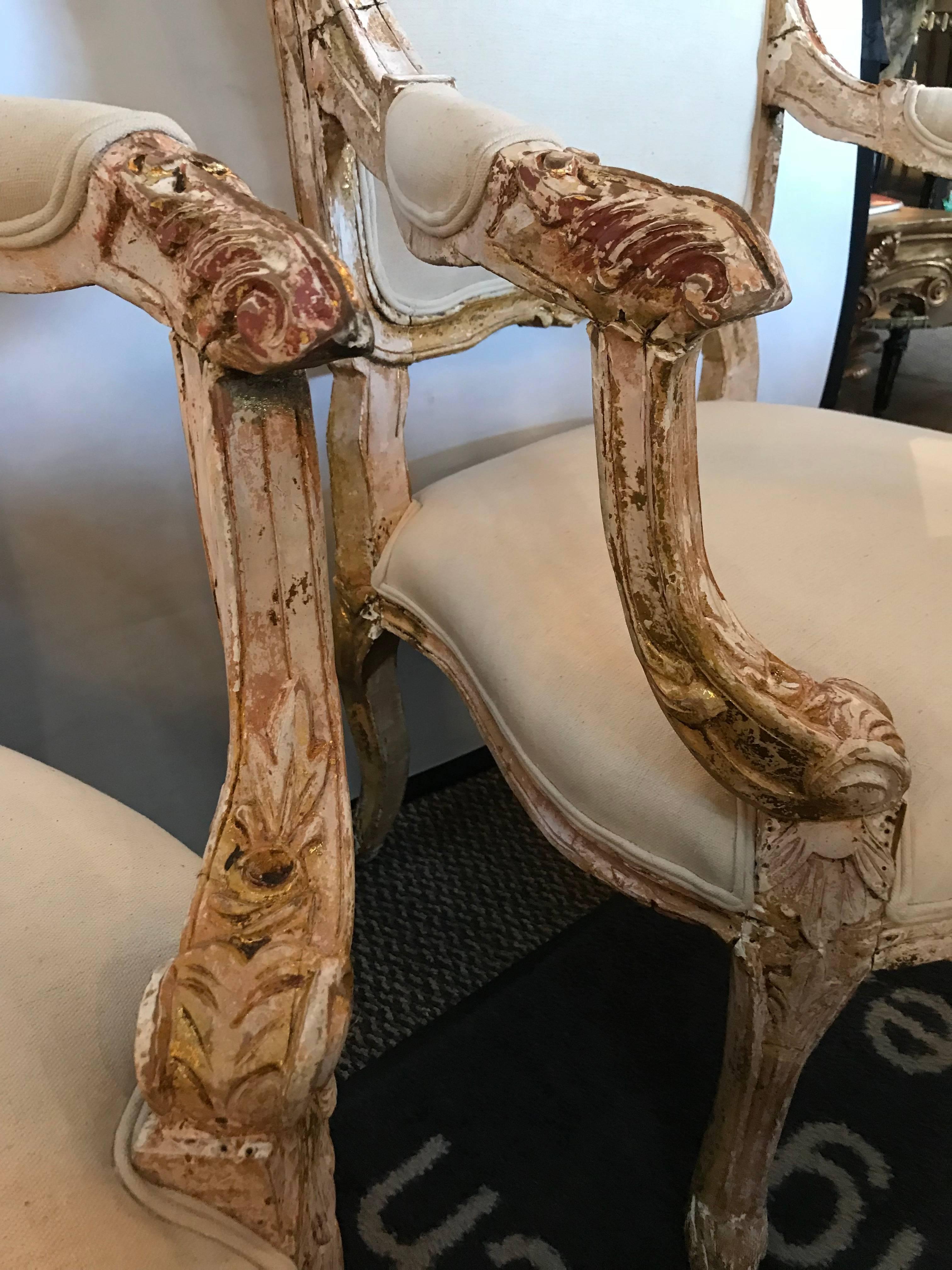 Wood Pair of Antique Louis XV Style Armchairs in Painted Distressed Frames For Sale