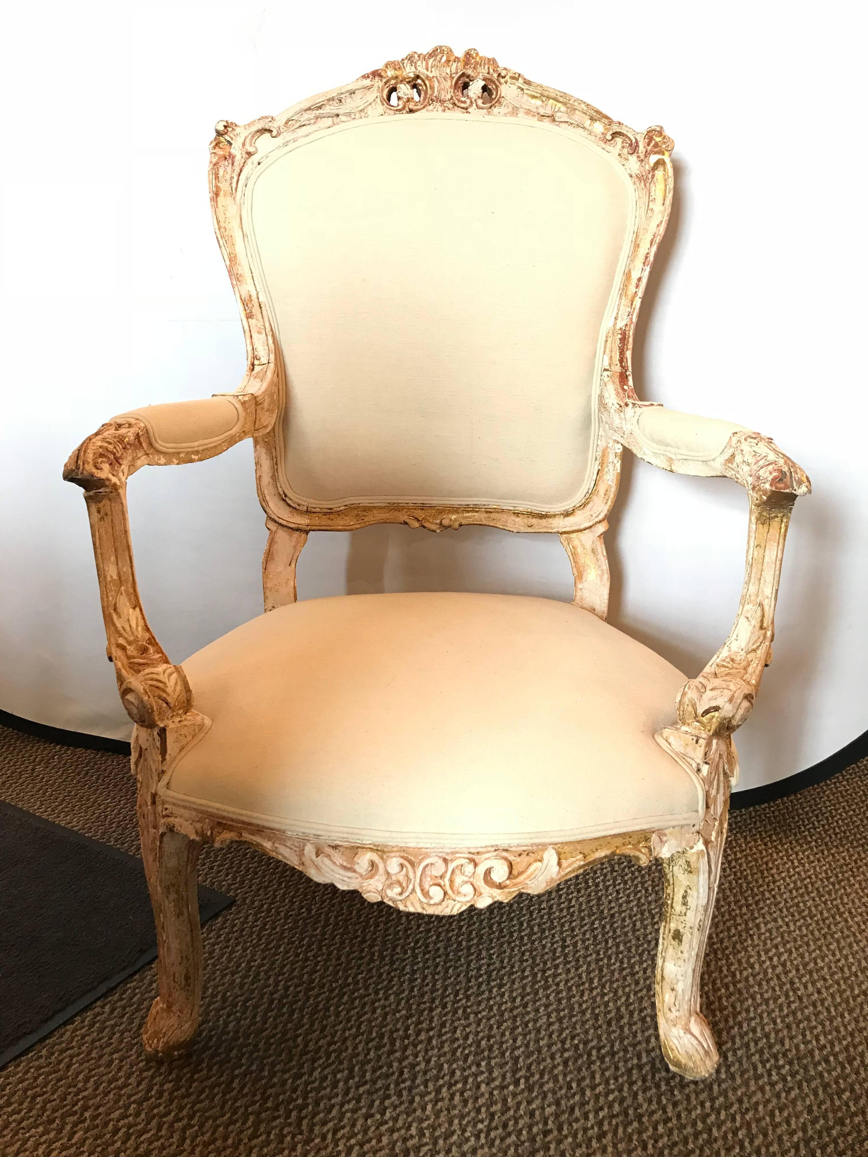 Pair of Antique Louis XV Style Armchairs in Painted Distressed Frames For Sale 2