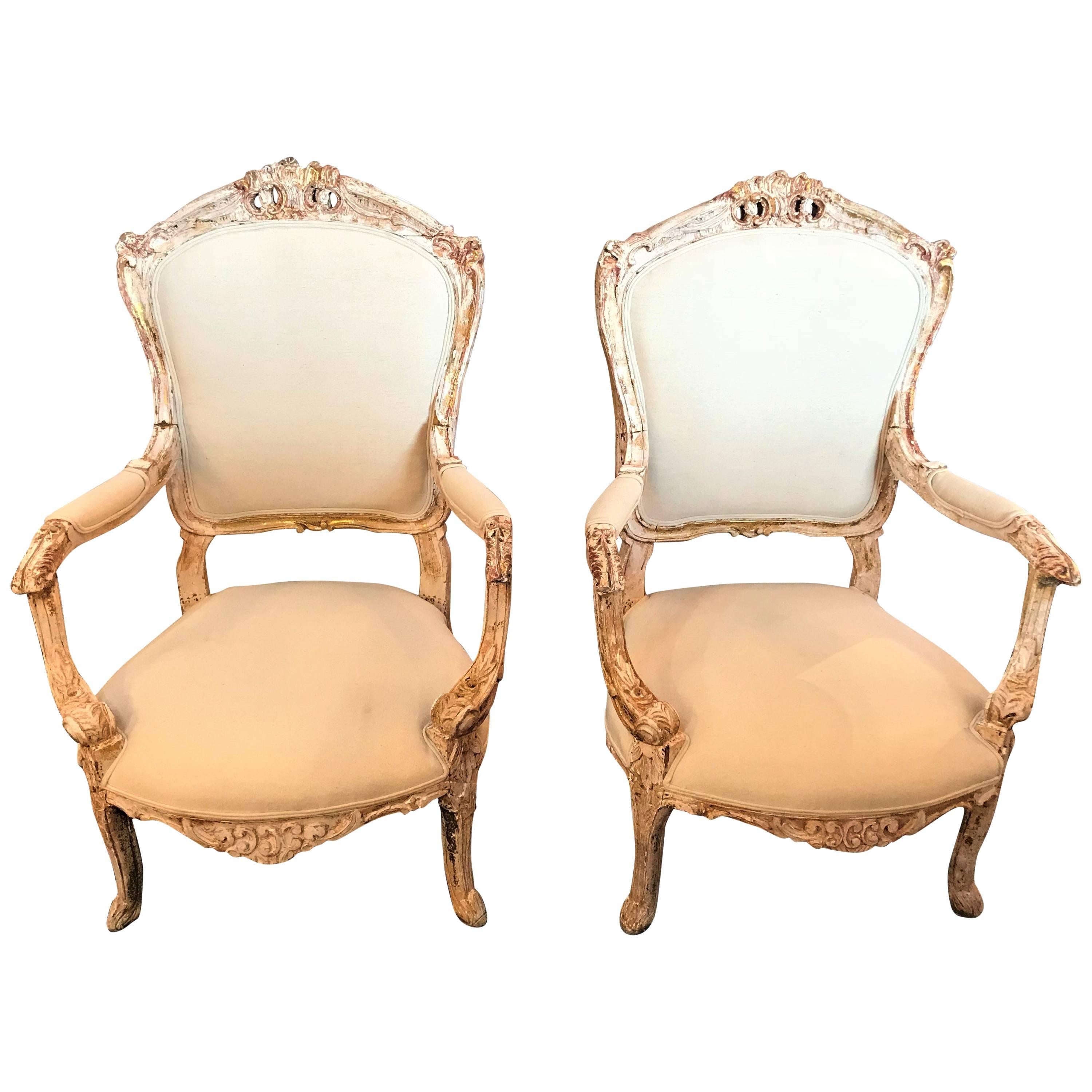 Pair of Louis XV Style Painted and Gilded Armchairs in Sage Green Silk ...