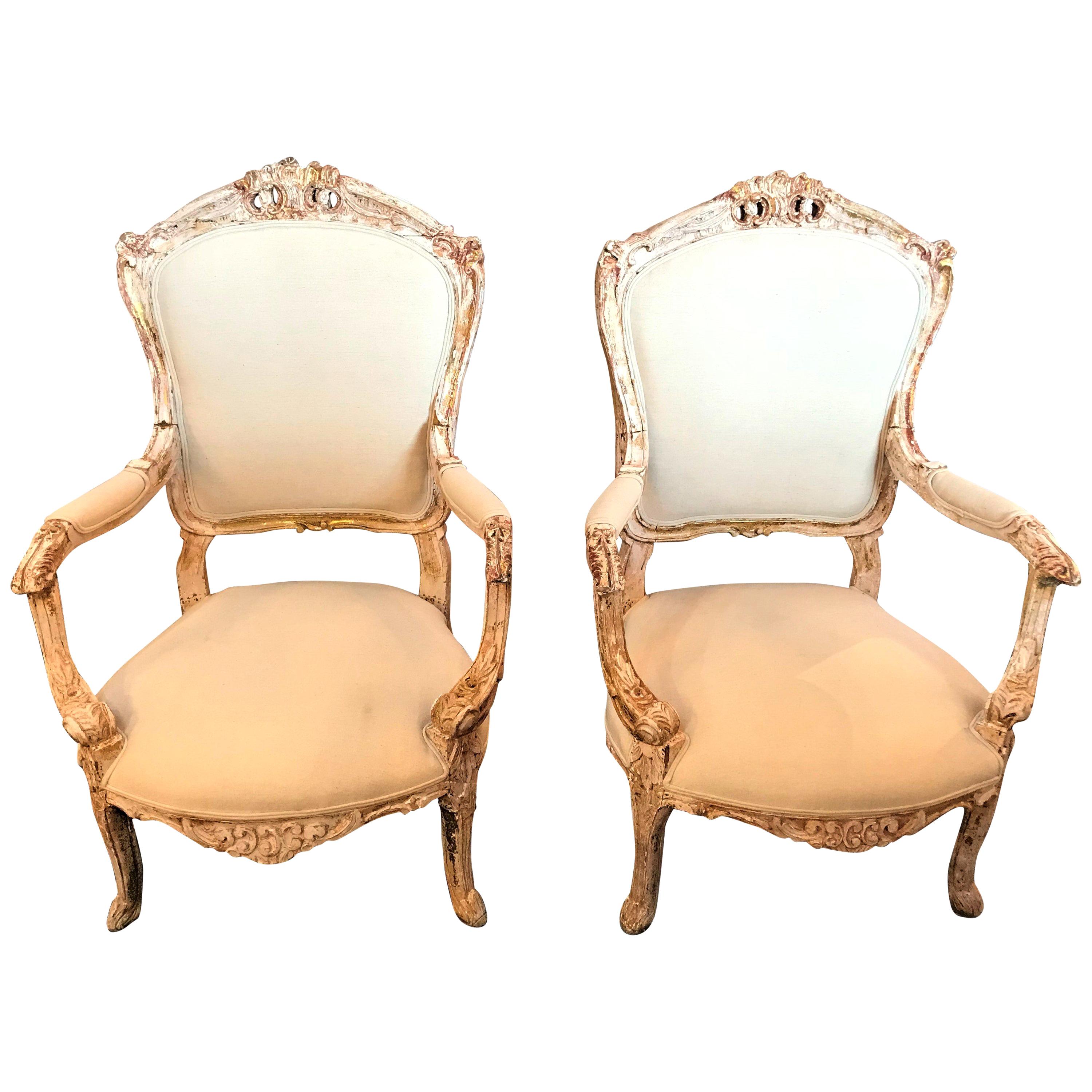 Pair of Antique Louis XV Style Armchairs in Painted Distressed Frames