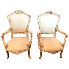 Pair of Antique Louis XV Style Armchairs in Painted Distressed Frames