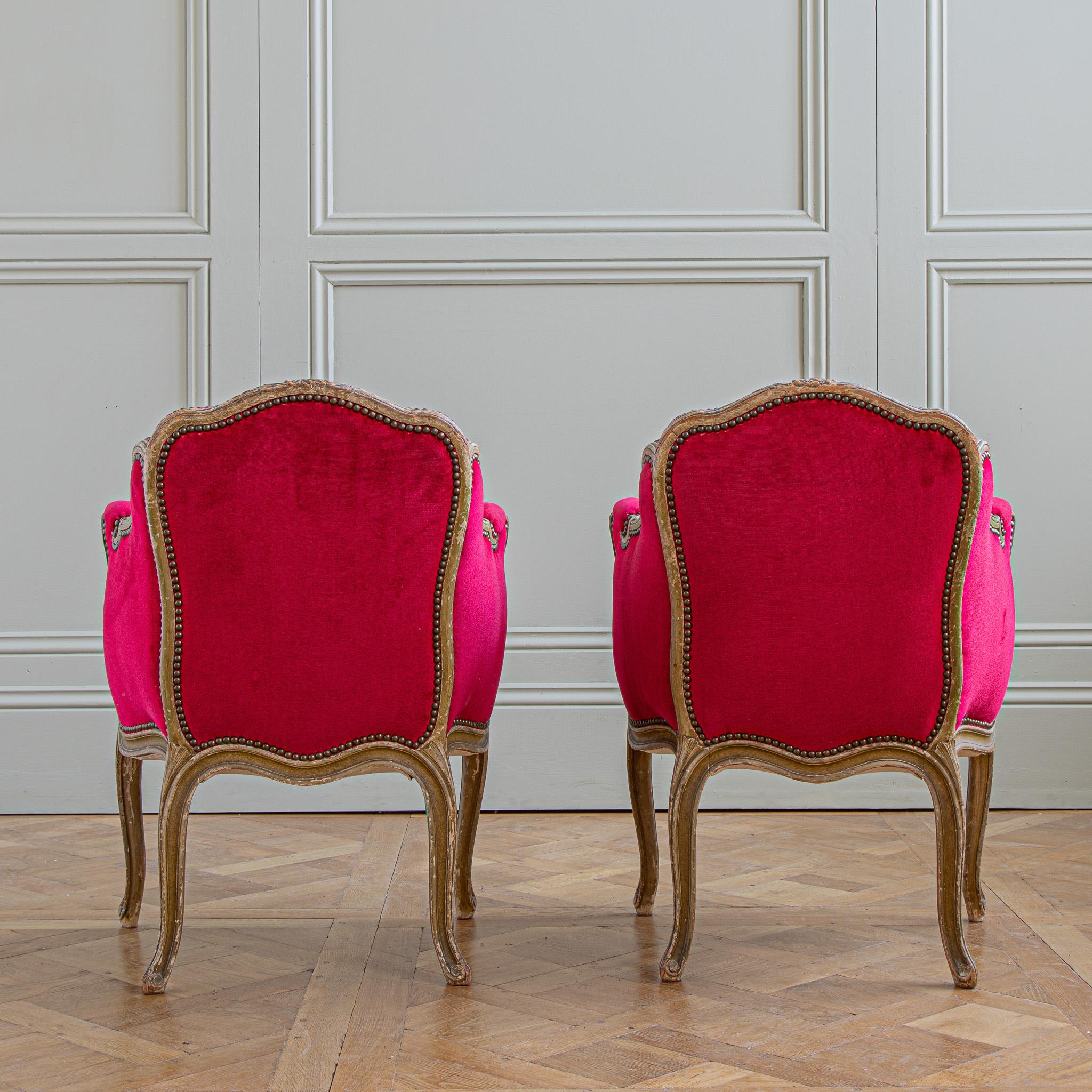 Pair Of French Antique Louis XV Style Bergere Armchairs With Red Velvet   9