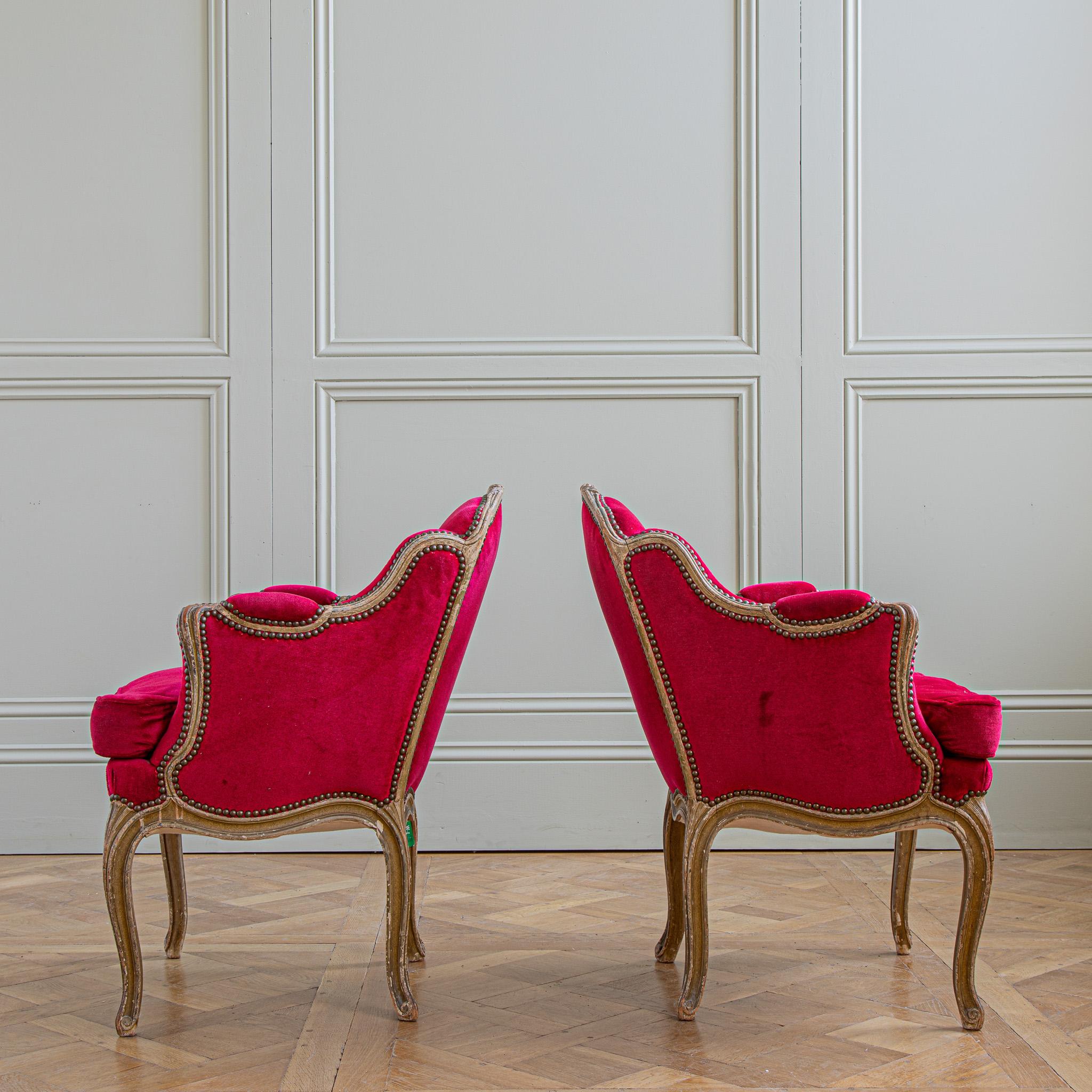 Pair Of French Antique Louis XV Style Bergere Armchairs With Red Velvet   11