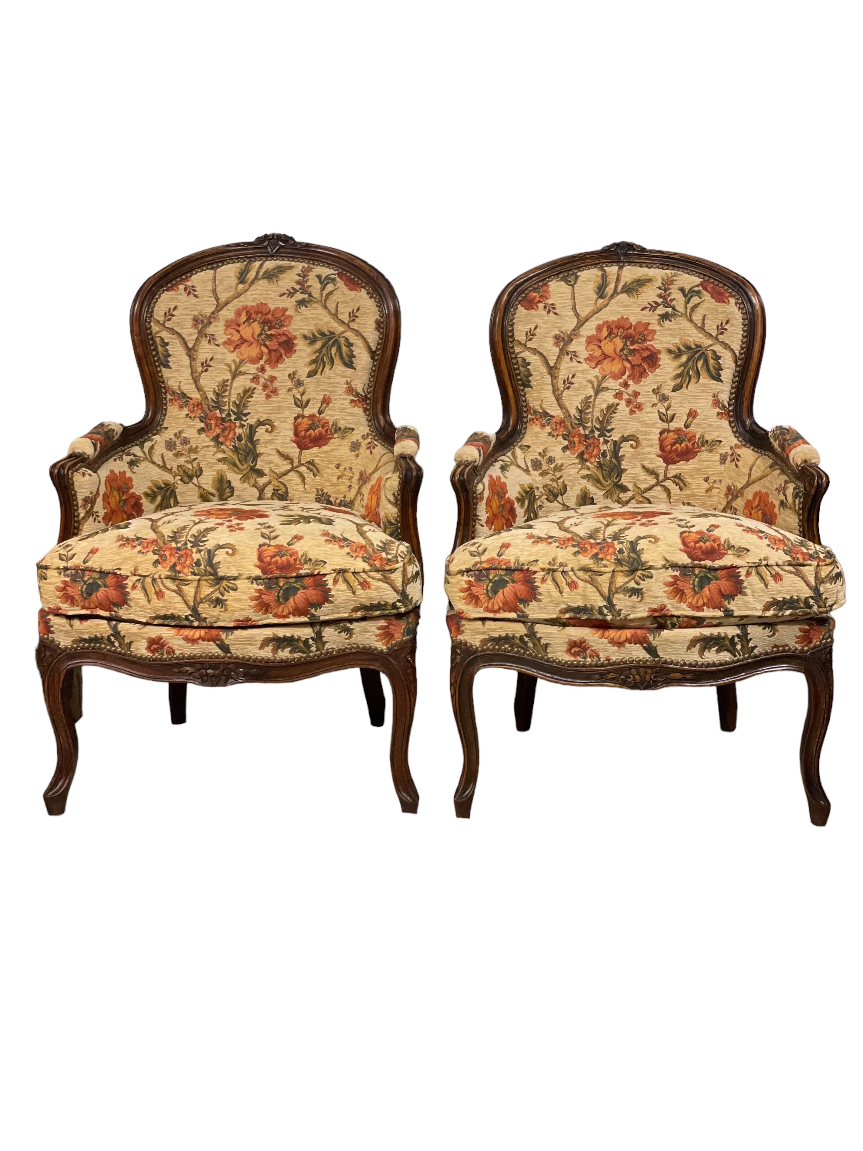 Pair of Louis XV Walnut Bergères Chairs For Sale 12