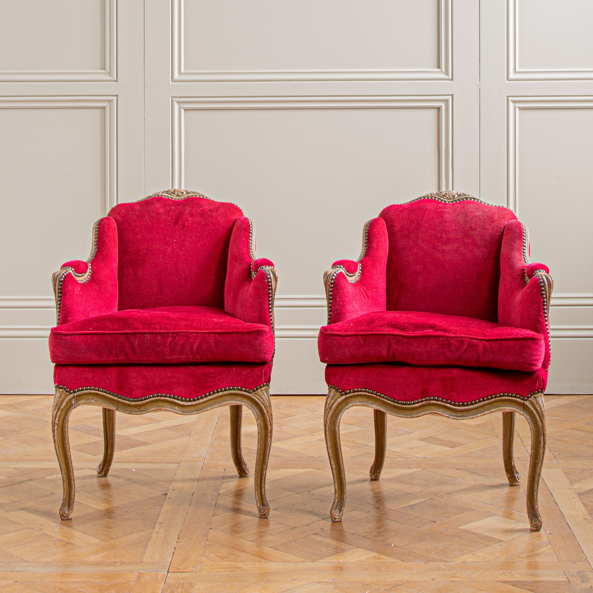 Pair Of French Antique Louis XV Style Bergere Armchairs With Red Velvet   In Good Condition In London, Park Royal