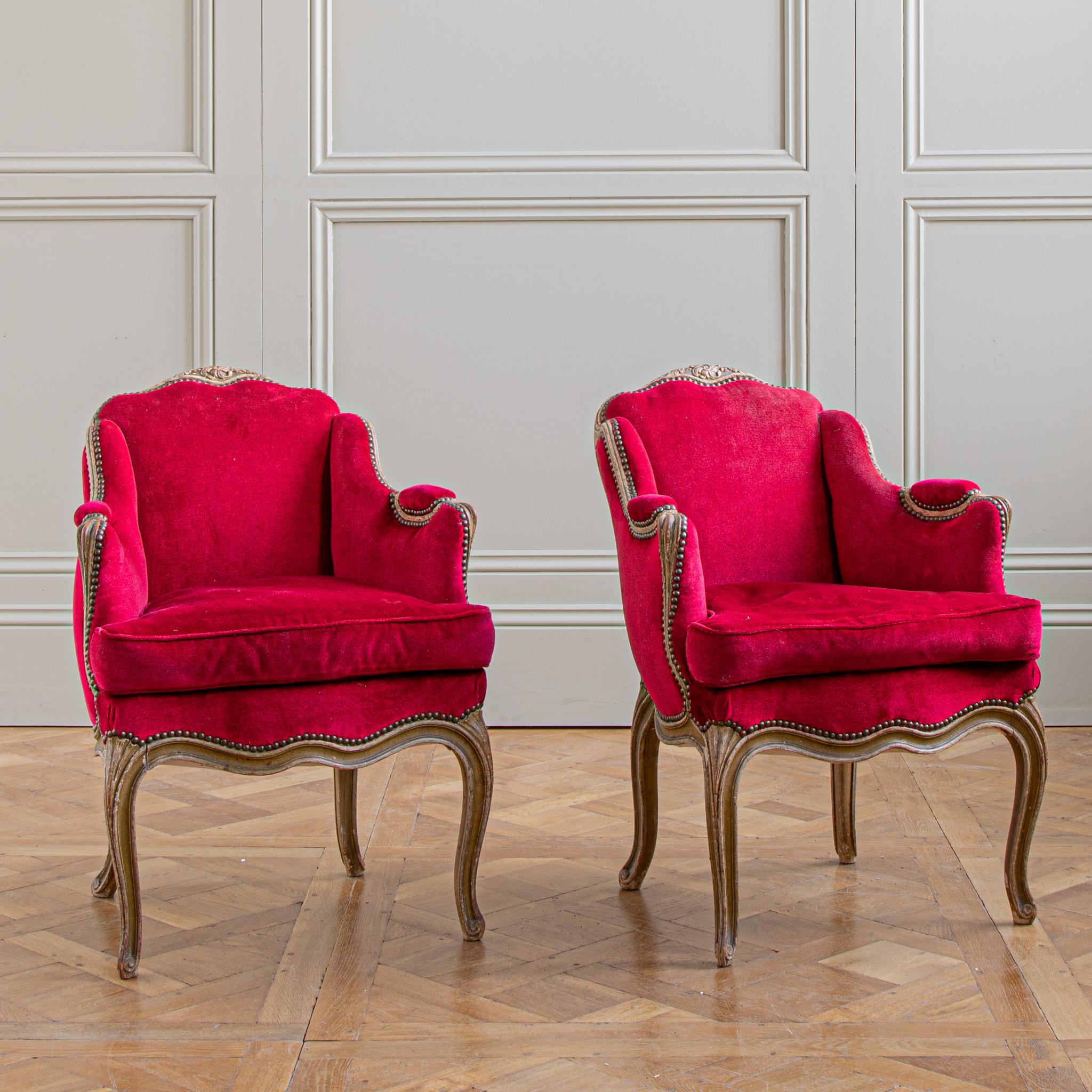 20th Century Pair Of French Antique Louis XV Style Bergere Armchairs With Red Velvet  