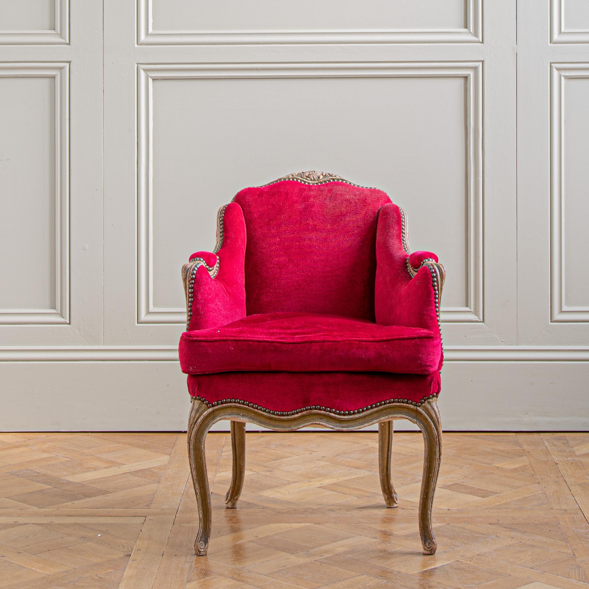 Upholstery Pair Of French Antique Louis XV Style Bergere Armchairs With Red Velvet  