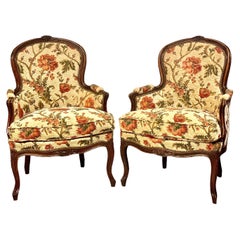 Vintage Louis XV Style Pair of Walnut Bergeres Chairs