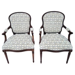 Pair of Antique Louis XV Style Carved Fauteuil Arm Chairs