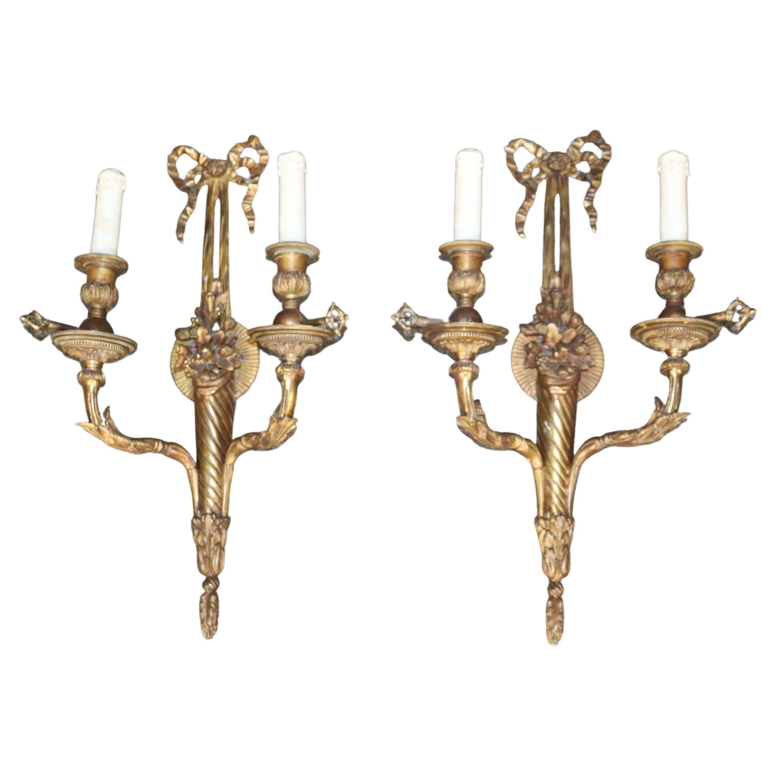 Pair of Antique Louis XV Style French Brass Wall Sconces For Sale