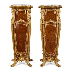 Pair of Antique Louis XV Style Ormolu Mounted Marquetry Pedestals