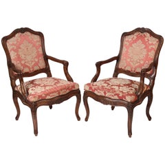 Pair of Antique Louis XV Style Walnut Armchairs