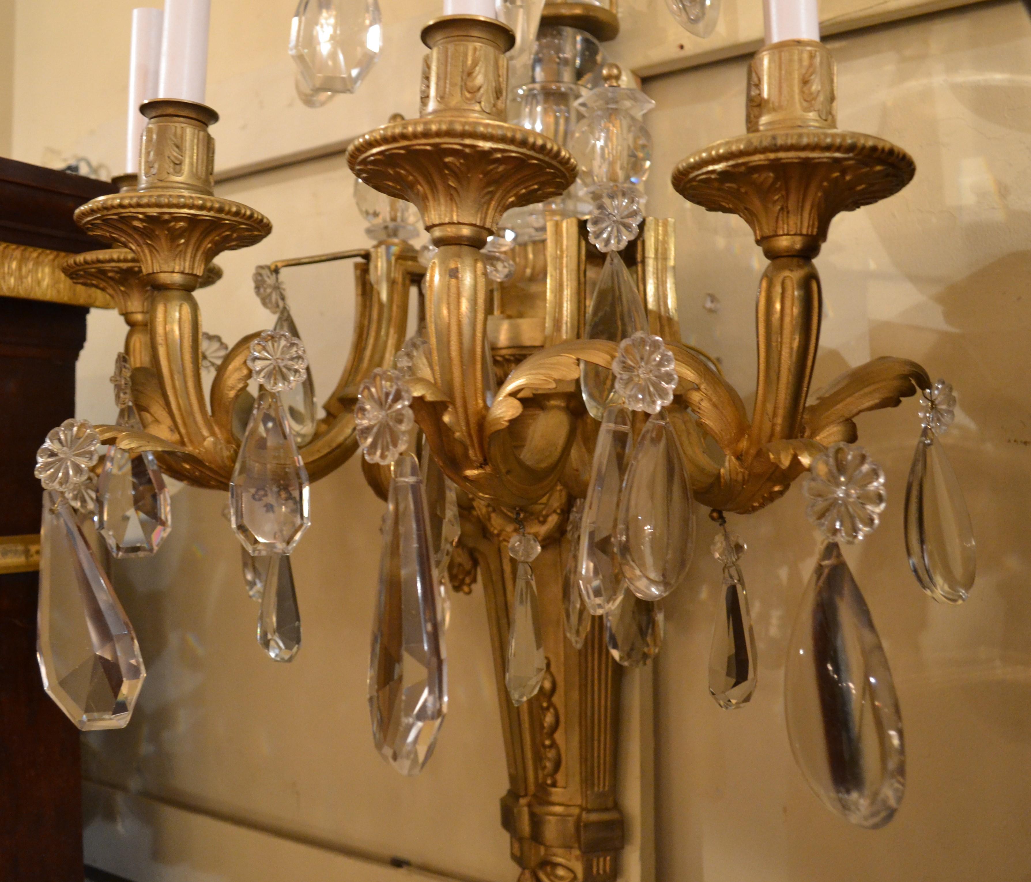 French Pair of Antique Louis XVI Baccarat Crystal and Ormolu Sconces For Sale