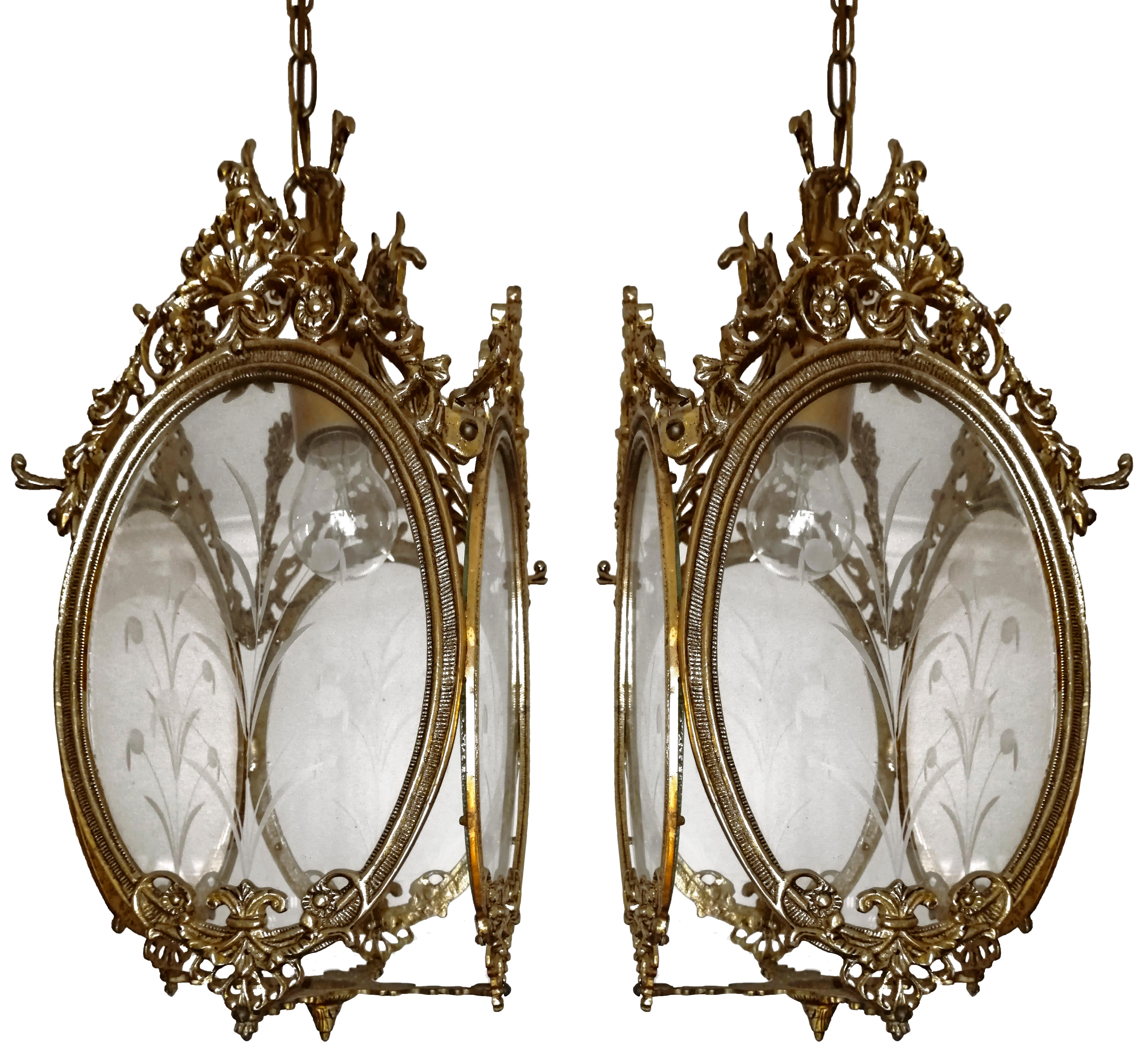 Art Deco Pair of Antique Louis XVI French Lanterns Chandeliers in Gilt Bronze & Cut Glass For Sale