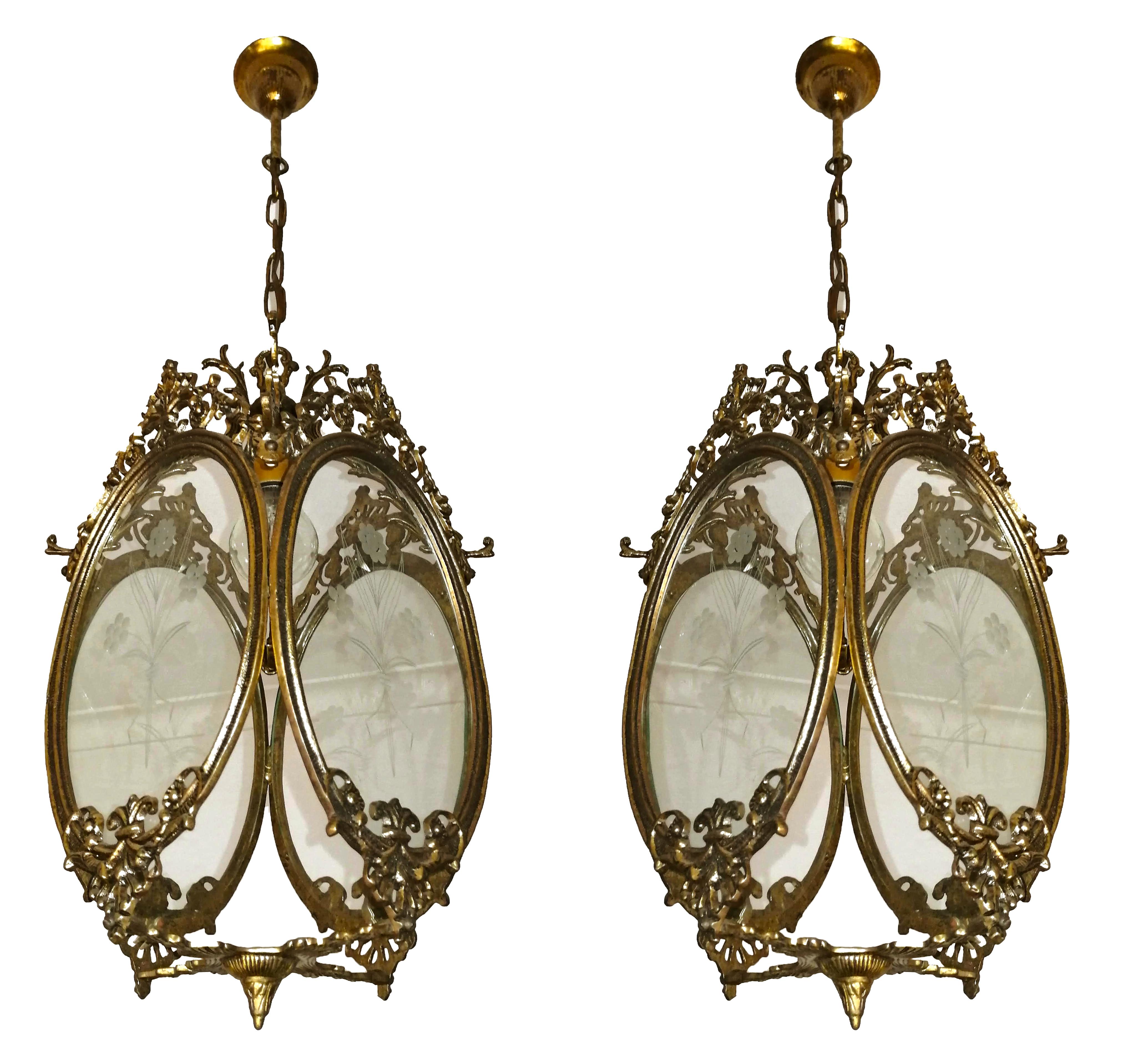 Cast Pair of Antique Louis XVI French Lanterns Chandeliers in Gilt Bronze & Cut Glass For Sale
