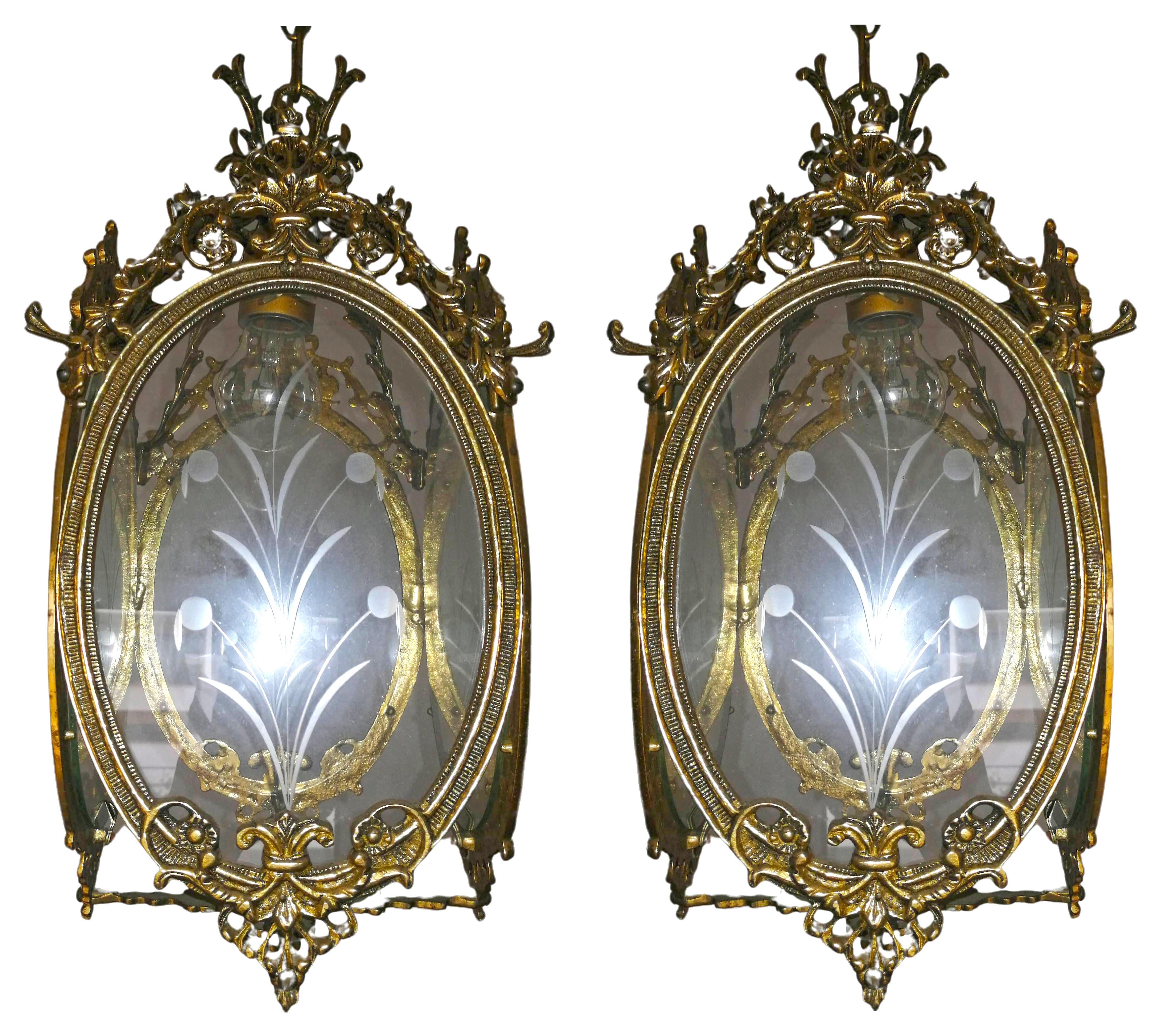 20th Century Pair of Antique Louis XVI French Lanterns Chandeliers in Gilt Bronze & Cut Glass For Sale