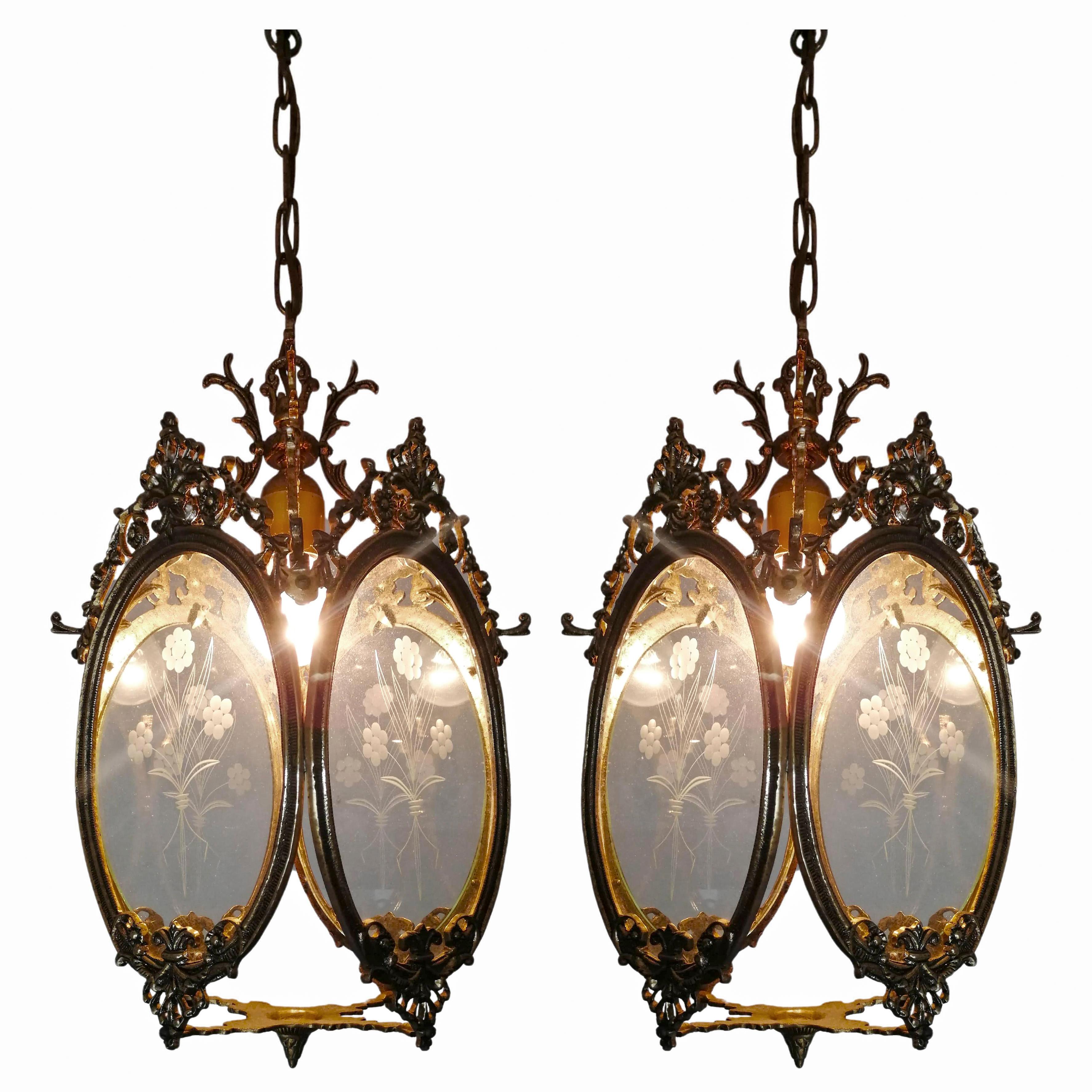 Pair of Antique Louis XVI French Lanterns Chandeliers in Gilt Bronze & Cut Glass For Sale 3