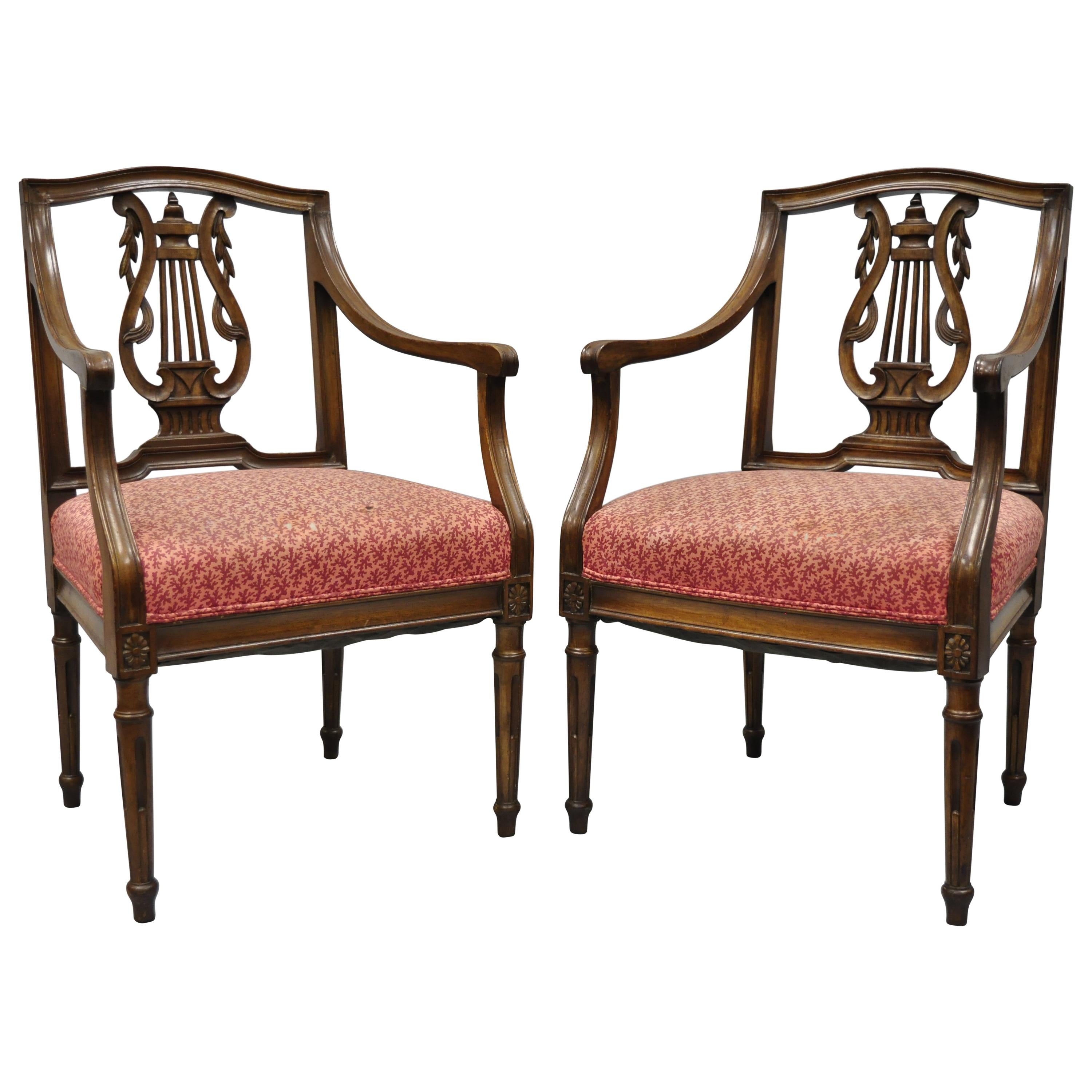 Pair of Antique Louis XVI French Style Lyre Back Italian Armchairs For Sale
