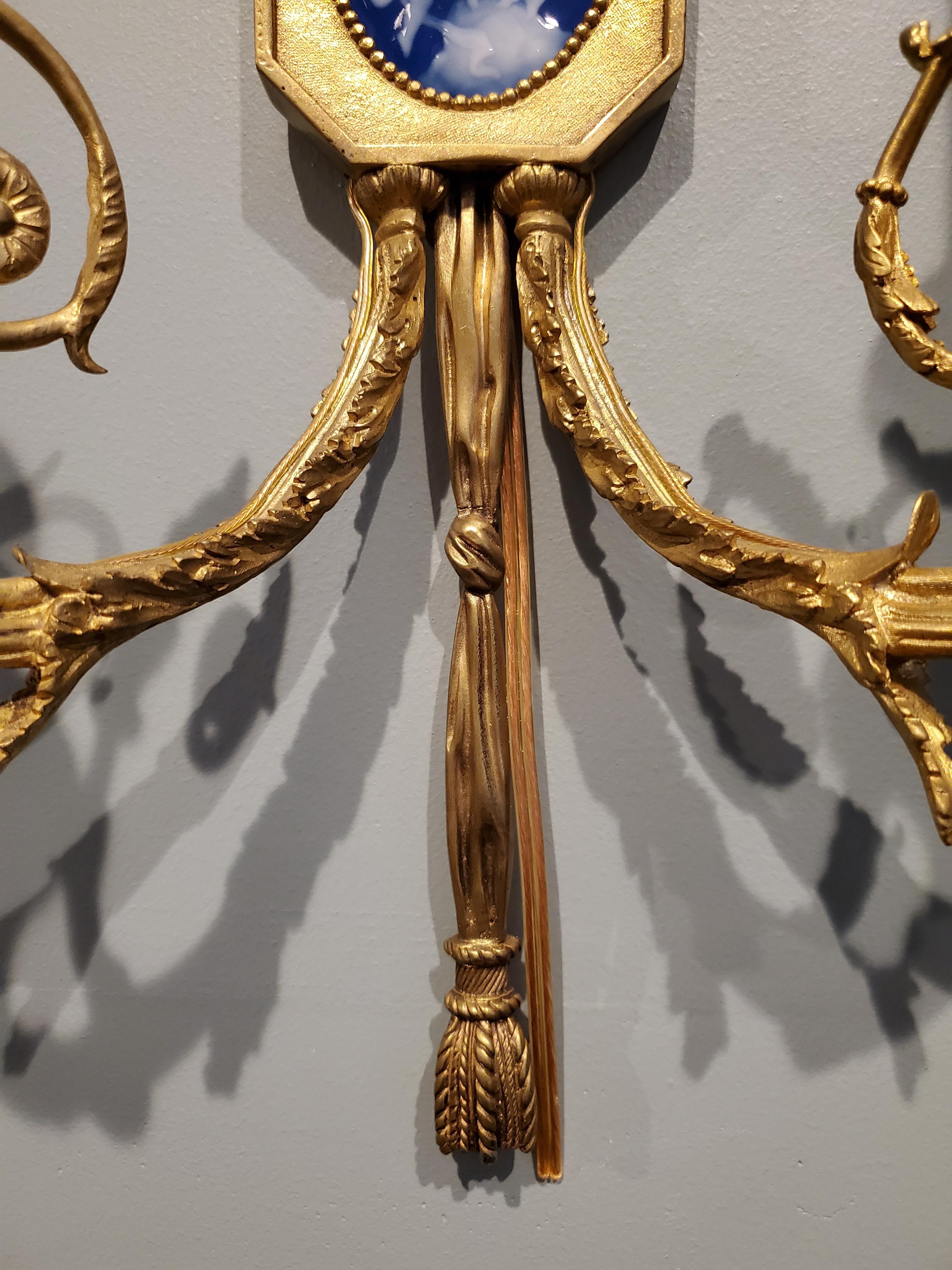 19th Century Pair of Antique Louis XVI Ormolu and Enamel Pate Sur Pate Wall Sconces For Sale